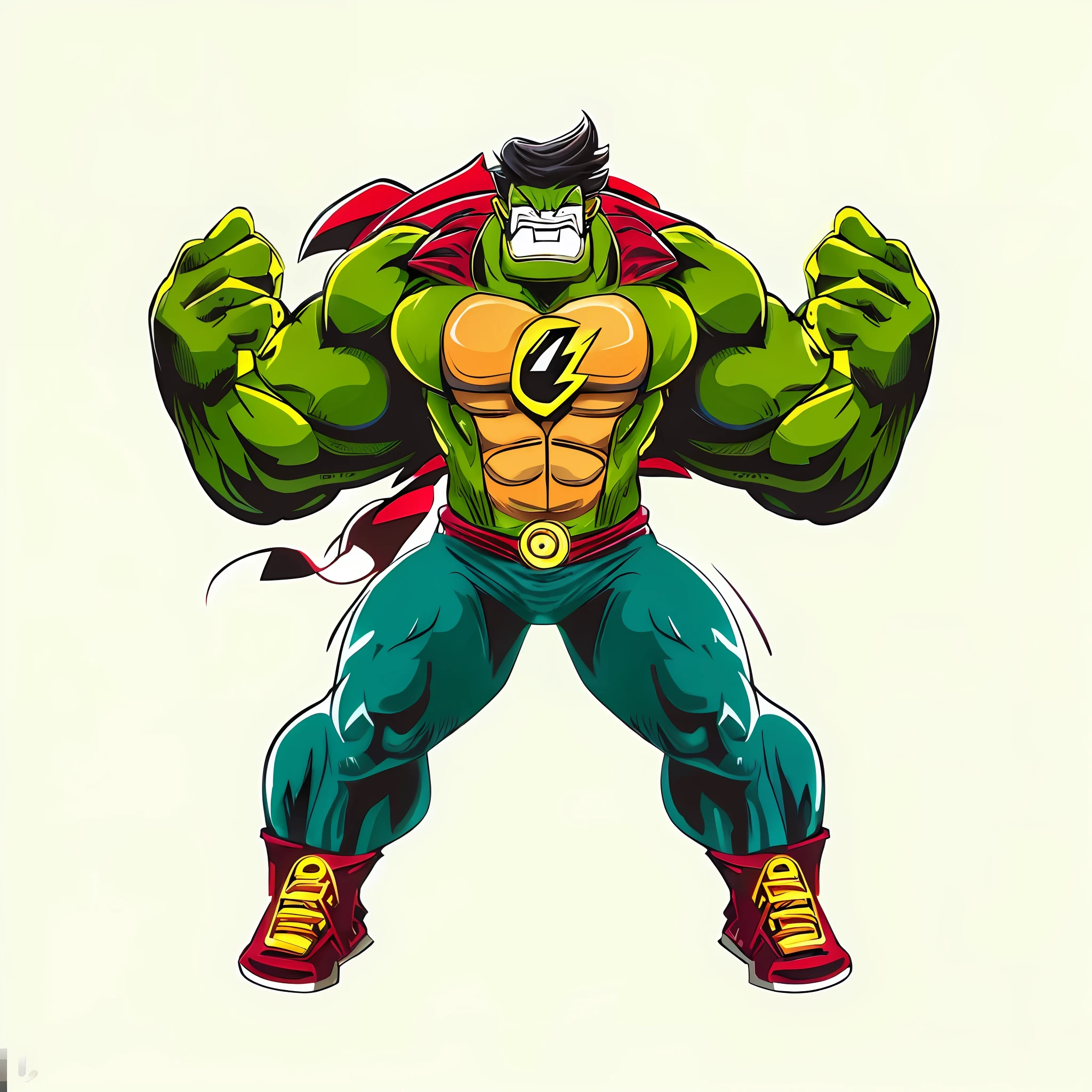 8k, realistic, charismatic, very detailed, Hulk, The Flash, Symbiote, Superhero Theme, Full Body, ray-traced images of Arthur Pan, trends on Artstation, digital art, red and cinematic lighting, dramatic shadows and beautiful vivid colors capture scenes. Romantic art style, lightning bolt sign
