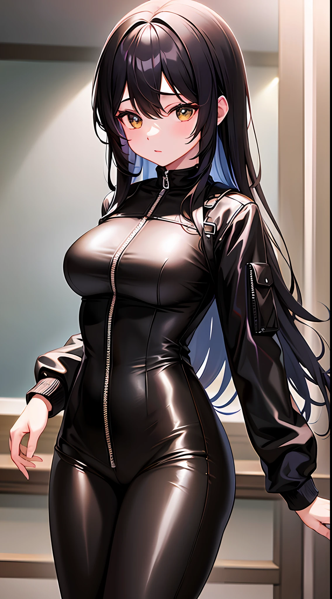 1girl, masterpiece, best quality, medium full shot, black long hair, zipped bodysuit