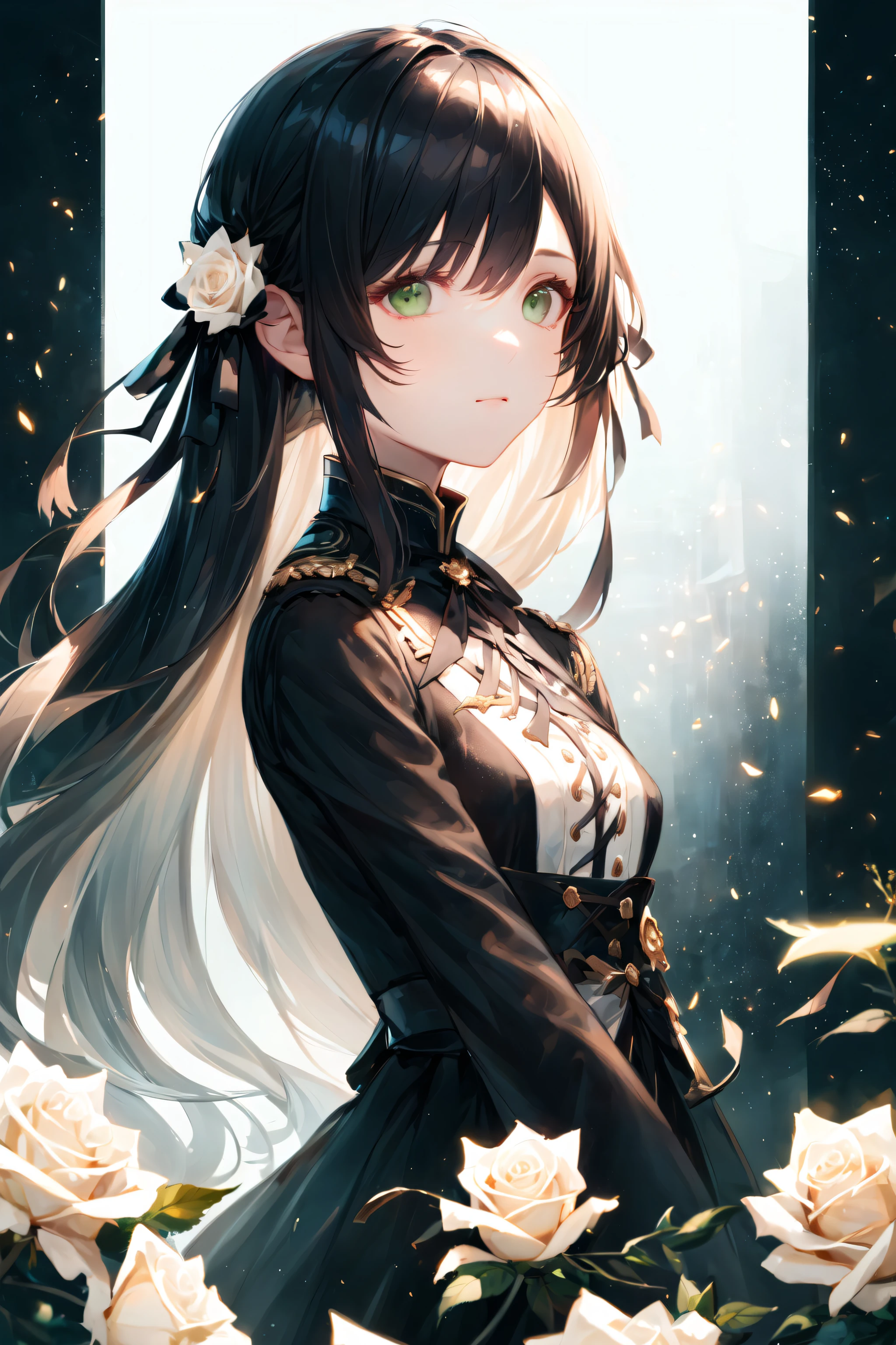 ((masterpiece, best quality)),best aesthetic,1girl, solo, long hair, black dress, flower, ribbon, black background, black hair, rose, hair ribbon, green eyes, long sleeves, white rose, closed mouth, black ribbon, upper body, cinematic lighting