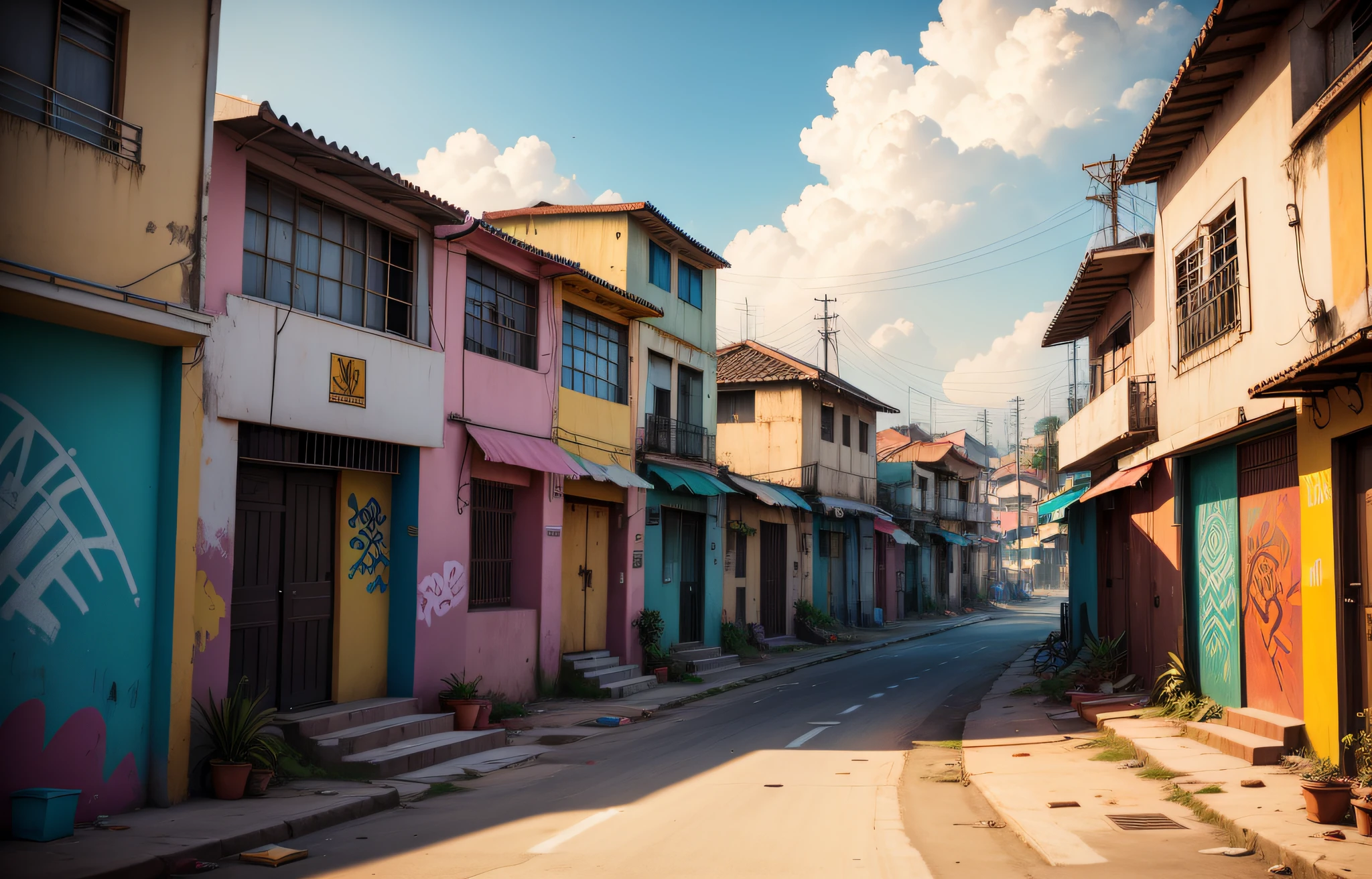 Low angle, GTA V scenario, poor buildings in a city, brown brick walls, light poles, favela, an opulent favela environment, são paulo favela, colorful city, colorful buildings, old favela ruins, favela sculpture, colorful buildings, colorful houses, graffiti.
