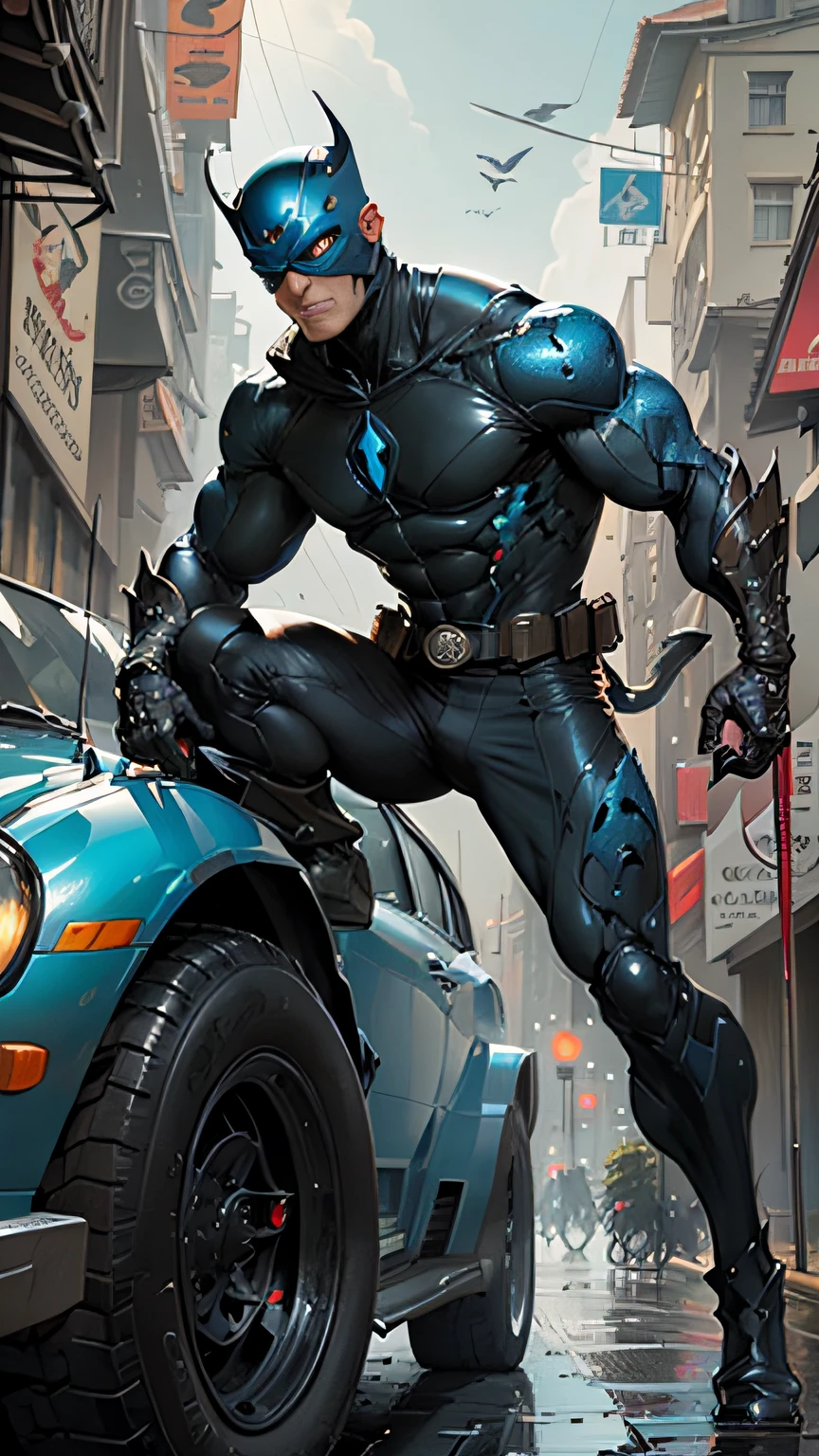 We can see a full-body frontal view of two shoes: 1.5, handsome face: 1.5, one standing character :1.2, (((best quality))),(((ultra detailed))),(((masterpiece))),illustration,A highly creative illustration depicting a hybrid of DC character Blue Beetle and Marvel character Daredevil. The character retains Blue Beetle's leather gear and beetle-shaped mask, but the helmet displays Daredevil's bat symbol. His body exudes fluid lines and muscle definition, dressed in black leather gear and Daredevil's cloak, holding Daredevil's iconic billy clubs. His eyes are seen through the mask's eye holes, but with Daredevil's shadowy power shining through. The entire body exudes an incredible aura of mystery. Full shot body photo of the most beautiful artwork in the world featuring creative hybrid of Blue Beetle and Daredevil, photorealistic, intricate, detailed, sharp focus, dramatic, trending on ArtStation, trending on CGSociety, by Jim Lee, John Romita Jr., or Alex Ross.