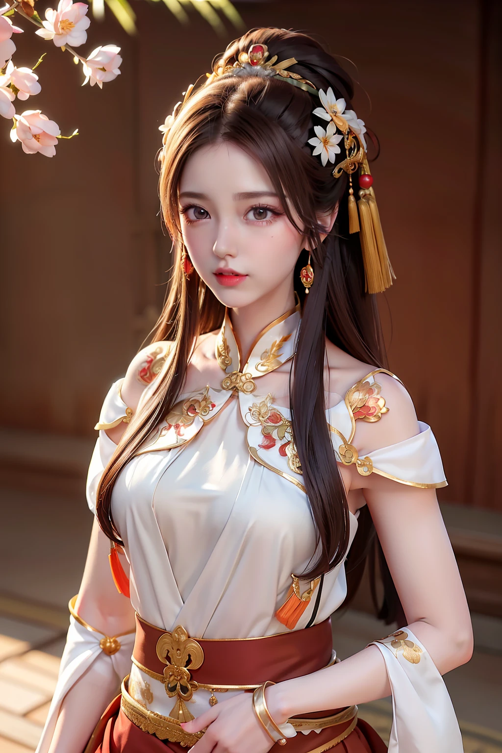 .The best quality, ultra-high definition, masterpieces, extreme detail, 8K,.1girl,.detailed facial features, detailed eyes and mouth, Brown hair, brown eyes, long hair, red lips,.Traditional Han costume of Tang dynasty, fine hair accessories,.outside, Peach blossom background,( upper body:2), (Above the waist:2).