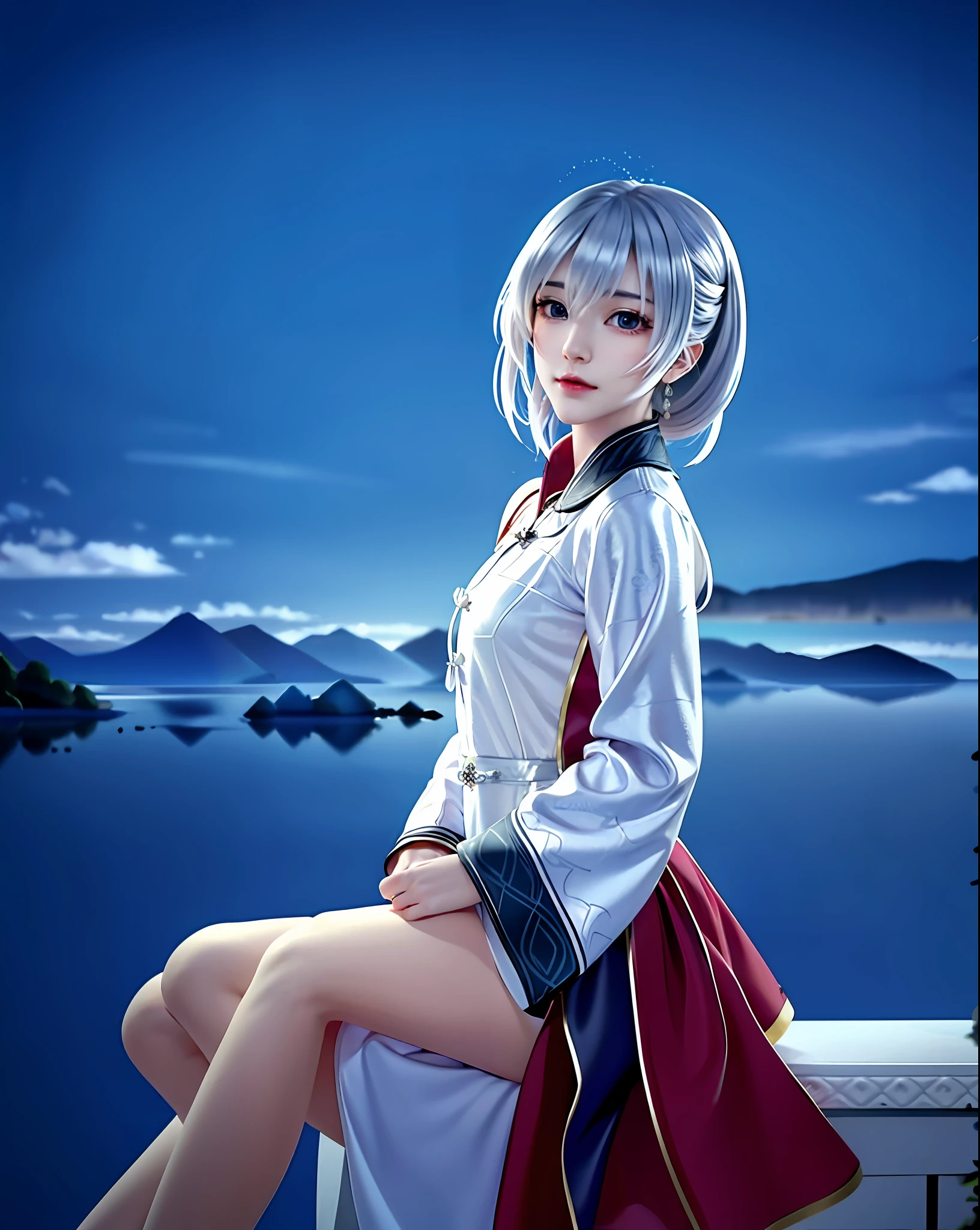 HD photo Girl in cheongsam Short silver hair Realistic style Full body portrait Ink illustration 3D style Clear facial features High detail Cold light Ruins background Near future city Street view Unreal Engine