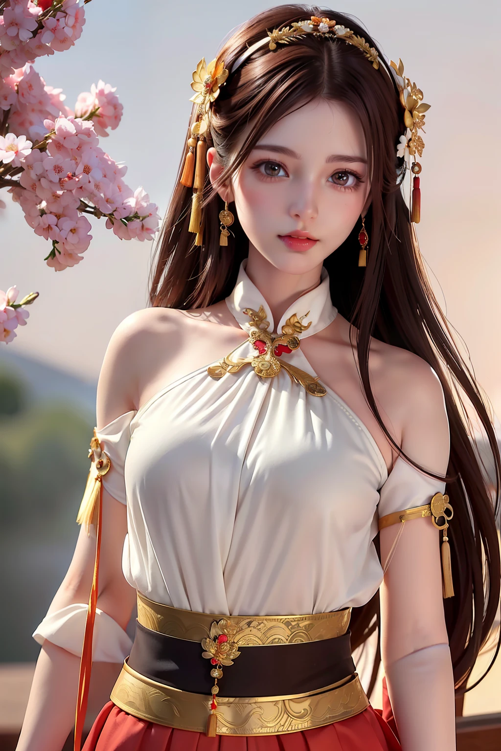 .The best quality, ultra-high definition, masterpieces, extreme detail, 8K,.1girl,.detailed facial features, detailed eyes and mouth, Brown hair, brown eyes, long hair, red lips,.Traditional Han costume of Tang dynasty, fine hair accessories,.outside, Peach blossom background,( upper body:2), (Above the waist:2).
