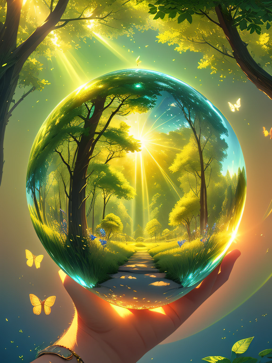 (masterpiece),(best quality:1.0), (ultra highres,), detailed, a glass ball with a tree inside of it, digital art, cg society contest winner, butterflies and sunrays, concept art design illustration, beautiful digital illustration, closed ecosystem