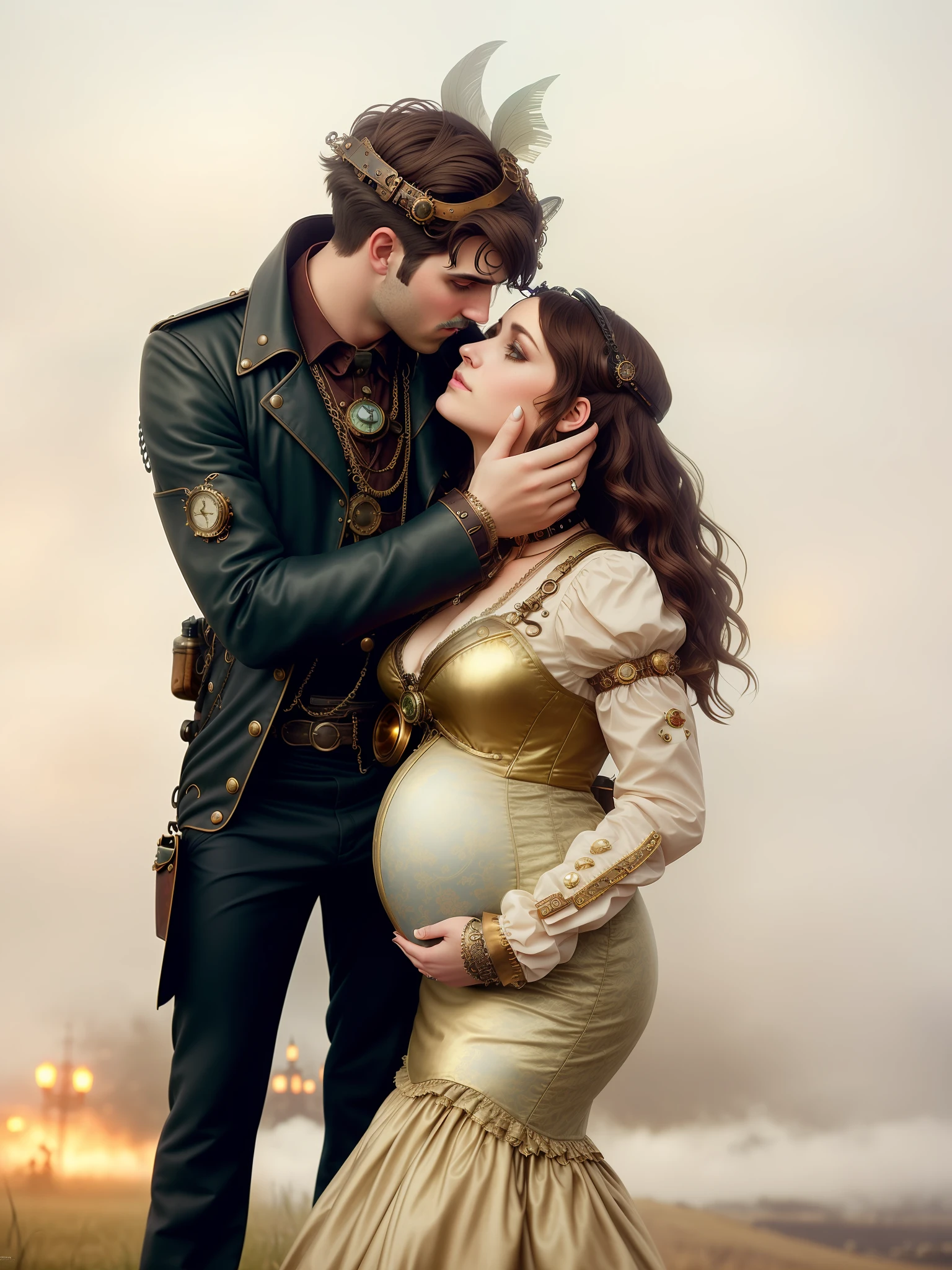girl, (erotica: 1.3), man with short haircut, girl pregnant, belly 9 , couple kissing, (steampunk dress: 1.3), steampunk tiara on head, high detail, dark brown long hair, princess, still from a movie, hdr, cinematic lighting, (volumetric fog: 0.7)