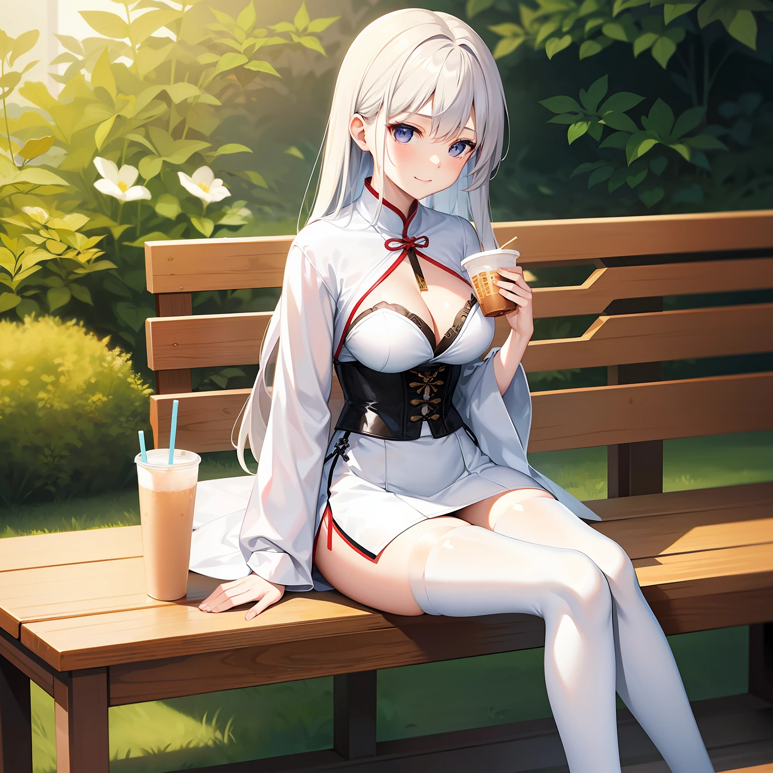 Full body, woman sitting on bench, Korean girl, touch her clothes, revealing clothes, light milky porcelain skin, gorgeous Chinese model, open V corset, sexy girl, smooth translucent white skin, open shirt, pale snow-white skin, Asian girl, Japanese model, smooth white tights suit, wearing shirt, Japanese goddess, smile, holding a cup of milk tea in left hand with a straw,