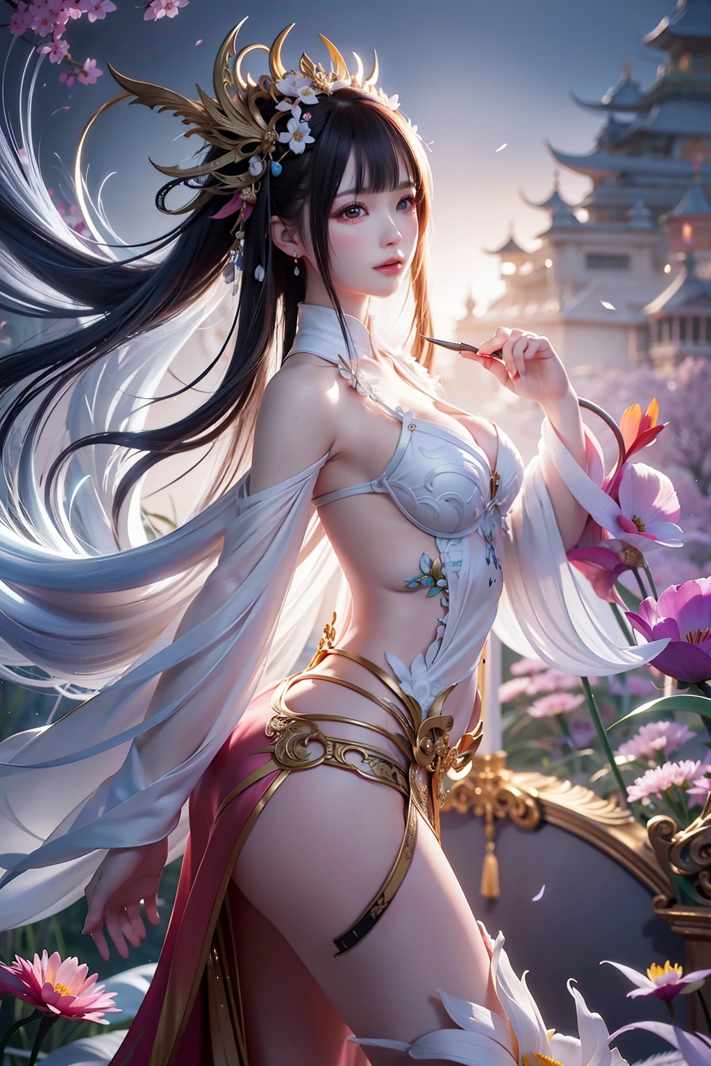 official art, unity 8k wallpaper, ultra detailed, beautiful and aesthetic, masterpiece, best quality, (zentangle, mandala, tangle, entangle),.1girl, extremely detailed, dynamic angle, pale skin, radiance, iuminosity, cowboyshot, the most beautiful form of chaos, elegant, a brutalist designed, vivid colors, romanticism,.by james jean, roby dwi antono, ross tran, francis bacon, michal mraz, adrian ghenie, petra cortright, gerhard richter, takato yamamoto, ashley wood,.atmospheric, ecstasy of musical notes, streaming musical notes visible, flowers in full bloom, many bird of paradise, deep forests,.