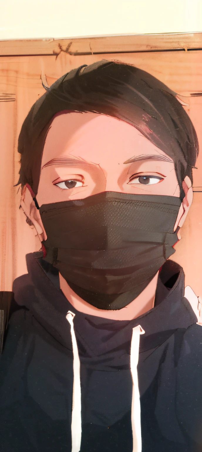 arafed man wearing a black mask with a black face covering his face, wearing all black mempo mask, wearing mask, surgical mask covering mouth, wearing facemask, wearing a mask, black facemask, facemask, black mask, wearing bandit mask, one single mask, dust mask, no face mask, mask, full mask, masked face, wearing wooden mask