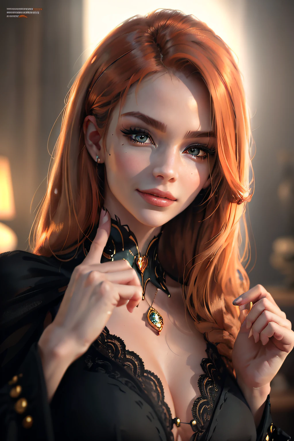 a european girl in black colored suit with golden details orange red hair, perfect anime, proportional body, smiling,nsfw:1.5, masterpiece, best quality, high quality, high definition, high quality texture, high quality shadow, high detail, beautiful detailed, finely detailed, detailed texture, realistic, colorful, delicate, cinematic light, side lighting, ray tracing, sharp focus, (1girl, __focus__:1.3), (complex details, makeup, PureErosFace_V1:0.5), (gorgeous face,detailed gorgeous and delicate eyes, highly detailed skin, detailed skin, best ratio four fingers and one thumb, large medium breasts, wide hips),