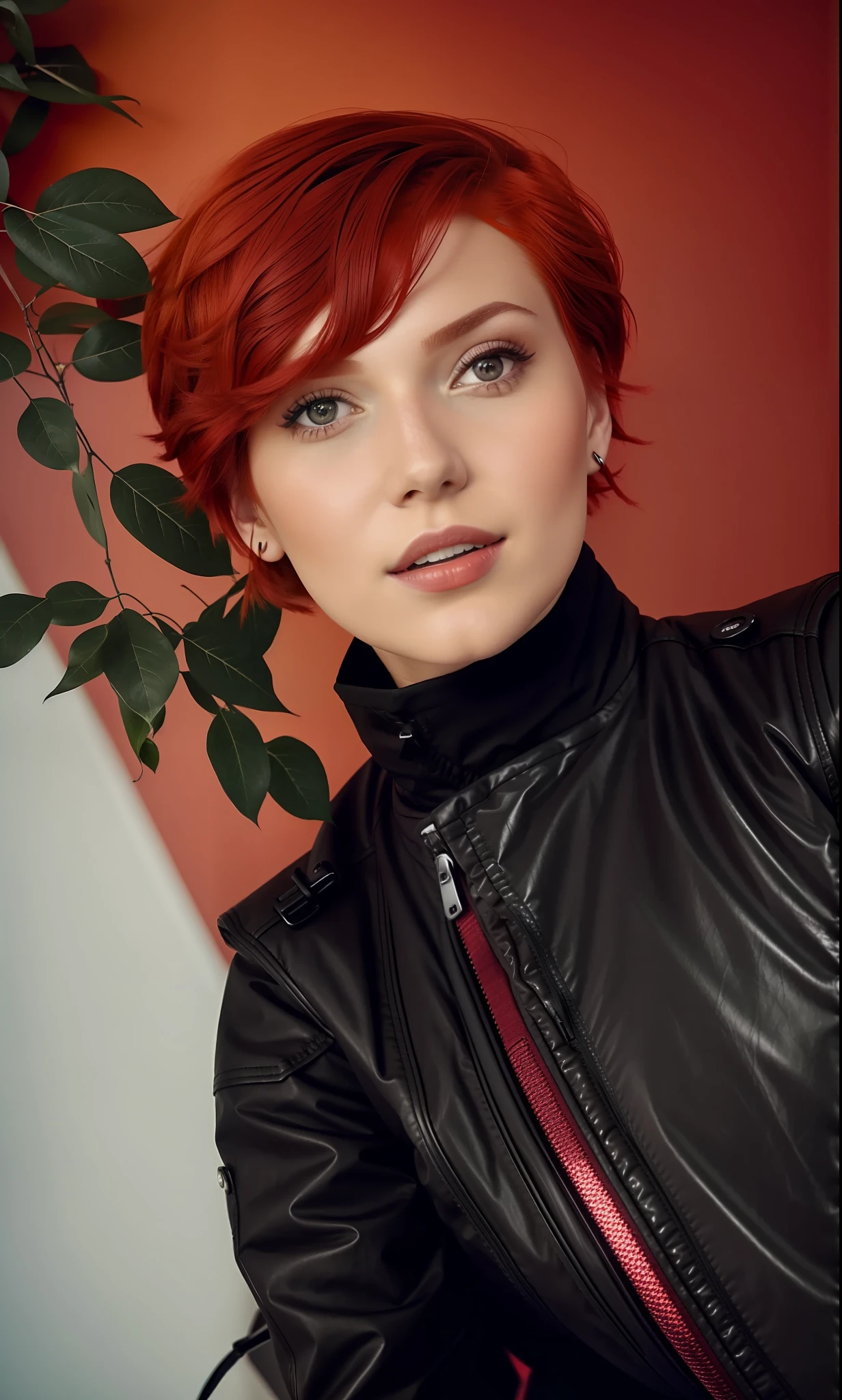 there is a woman with red hair and a black jacket, with red hair, profile image, short red hair, red short hair, short redhead, aleksandra waliszewska, magdalena radziej, red hair, yelena belova, with short hair, annato finnstark, crimson red hair and red eyes, 8k))