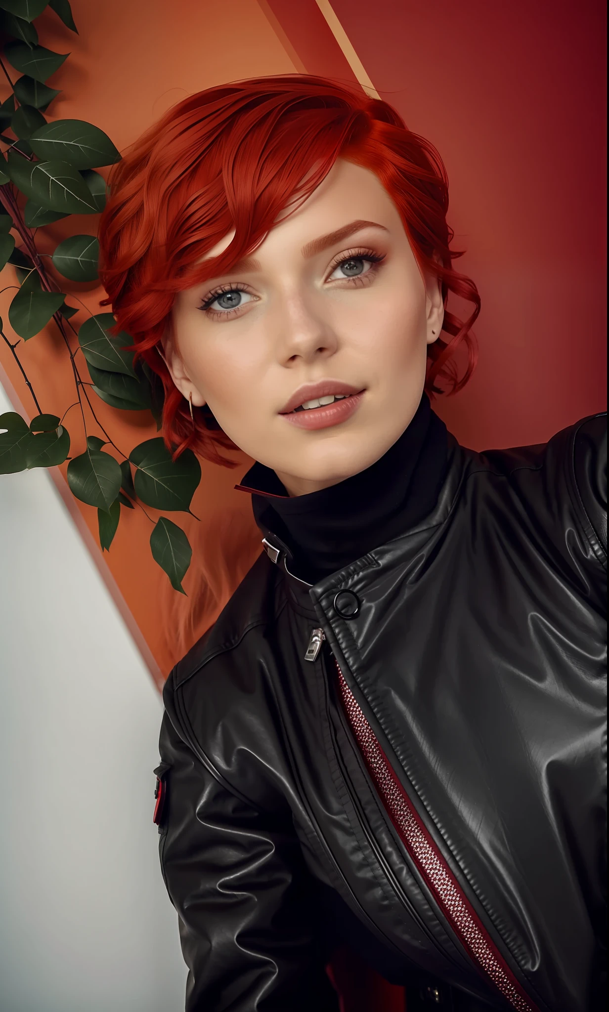 there is a woman with red hair and a black jacket, with red hair, profile image, short red hair, red short hair, short redhead, aleksandra waliszewska, magdalena radziej, red hair, yelena belova, with short hair, annato finnstark, crimson red hair and red eyes, 8k))