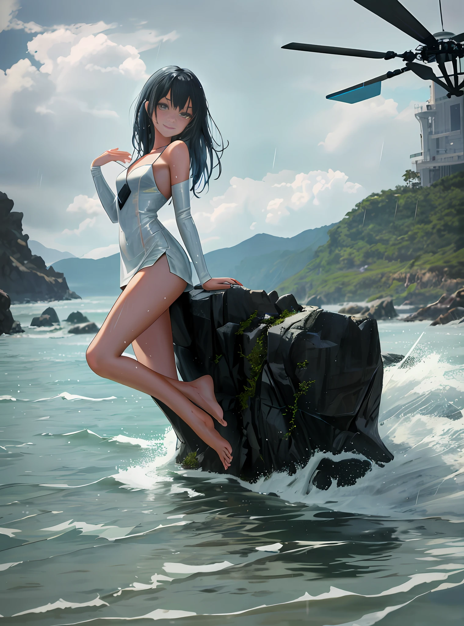 Feet in the water, HD, 4k, a little rain in the sky, 1 girl, leaning next to the helicopter, comic book style, more stunning, beautiful face, delicate makeup, clear face, smile, tsundere, masterpiece, highres, best quality, 1girl solo, looking at viewer, light smile, wading, wet hair, Exquisite facial features, wet body, small breasts, exposed