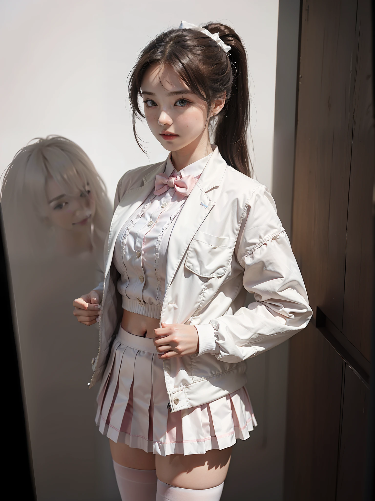 Masterpiece, Realism, ((4K, Masterpiece, Best Quality)), Masterpiece, Photo, Best Quality, Realistic, Ultra High Resolution, (Realism: 1.4), 1girl, Pure Beauty, Natural Light, Double Ponytail, Brown Hair, Smile, White Shirt, ((Jacket Outside)), Student Uniform, Pink Bow Tie, (Pink Short Skirt), (((White Stockings))), ((Monochrome Background: 1.3))), (Studio Photography Effect), Canon camera shooting, delicate face, beautiful girl, ((random standing)),