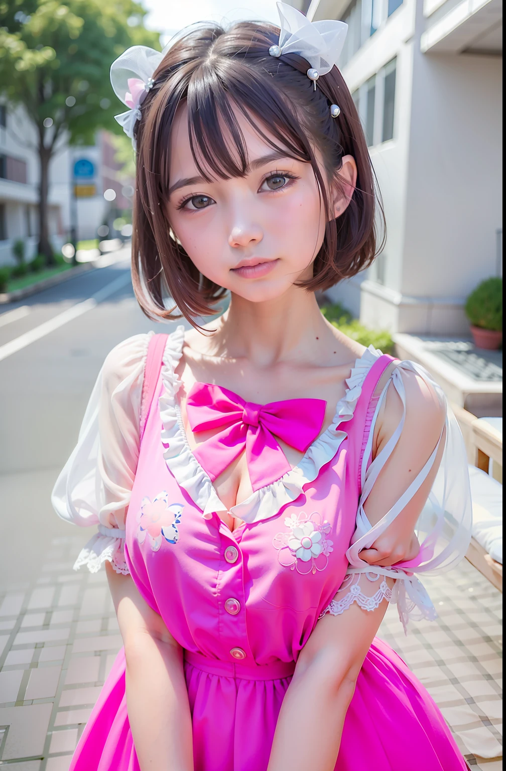 araffe girl in a pink dress posing for a picture, sakimichan hdri, sakimichan, chiho, shikamimi, sakimi chan, aya takano color style, anime girl in real life, shiori teshirogi, realistic young gravure idol, , young skinny gravure idol, lolidress