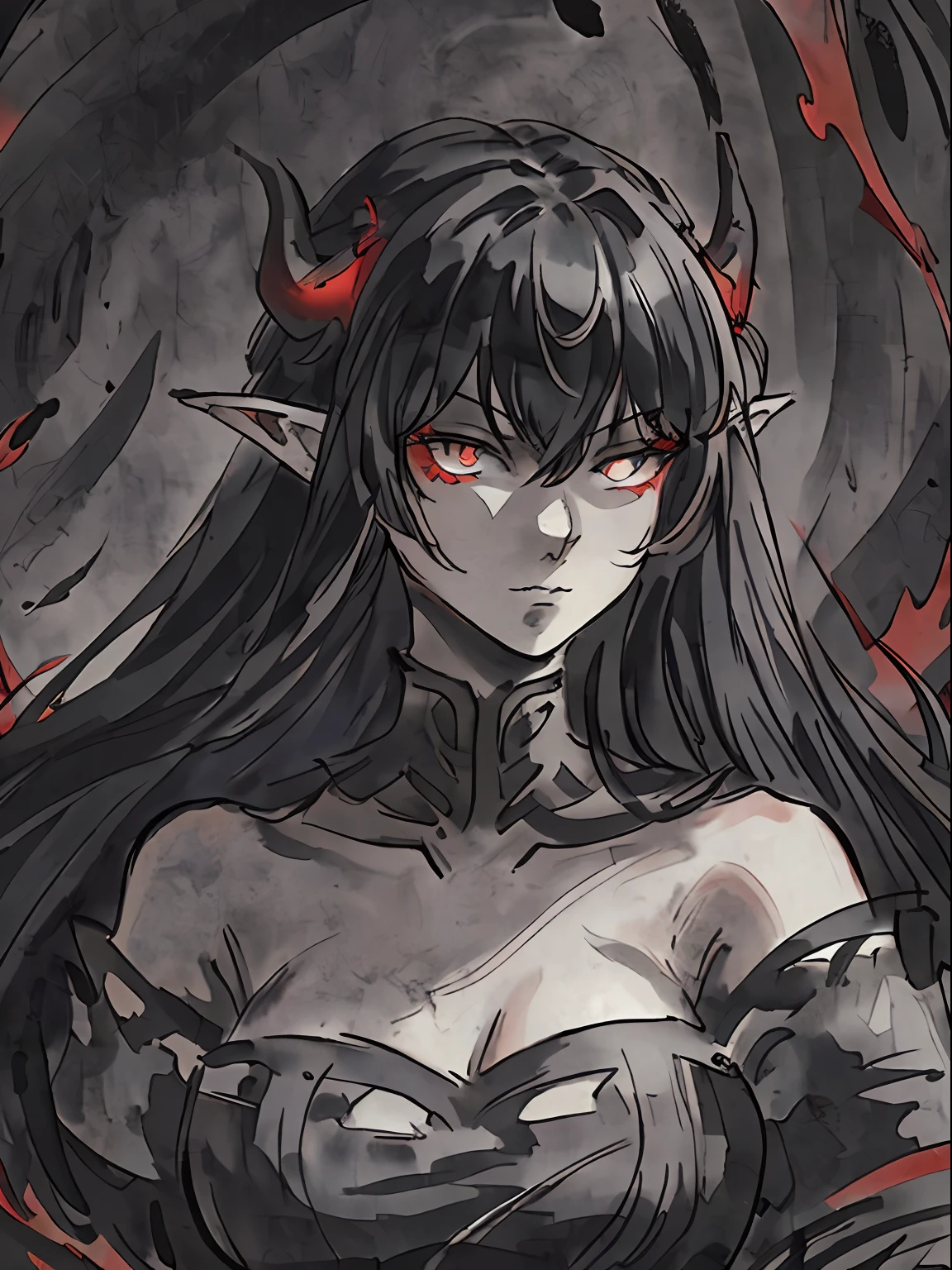 (masterpiece, best quality, ultra-detailed, best shadow), (highly detailed background, dark horror fantasy), (ultra beautiful detailed face), beautiful yet scary , dark sinister aura, evil sinister grin, puppet strings, horns, ancient mural, (highly detailed background, haunted forest), extremely sensual, perfect anatomy, high contrast, (best illumination, an extremely delicate and beautiful), ((cinematic light)), hyper detail, dramatic light, intricate details, (1 girl, solo, ancient, wearing long sleeveless dark damaged shredded gown, black flowing hair, sharp face, blue and red eyes, glowing eyes, hair between eyes, bangs, dynamic angle), (swirling black light around the character), depth of field, black light particles,(broken ice),magic circle, demon girl, ,elf ears, big boobs, deep cleavage, seductive gaze,