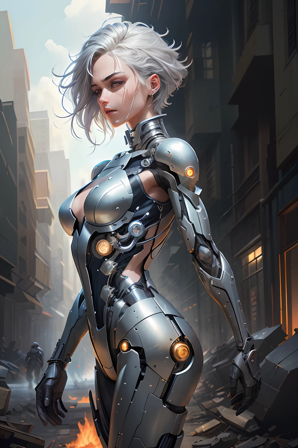 (mechanical parts: 1.5), fighting, bright eyes, short silver hair, tight torn supersuit, in a night shattered city, smoke and fire, aura of brilliant power, dynamic pose, dynamic vision