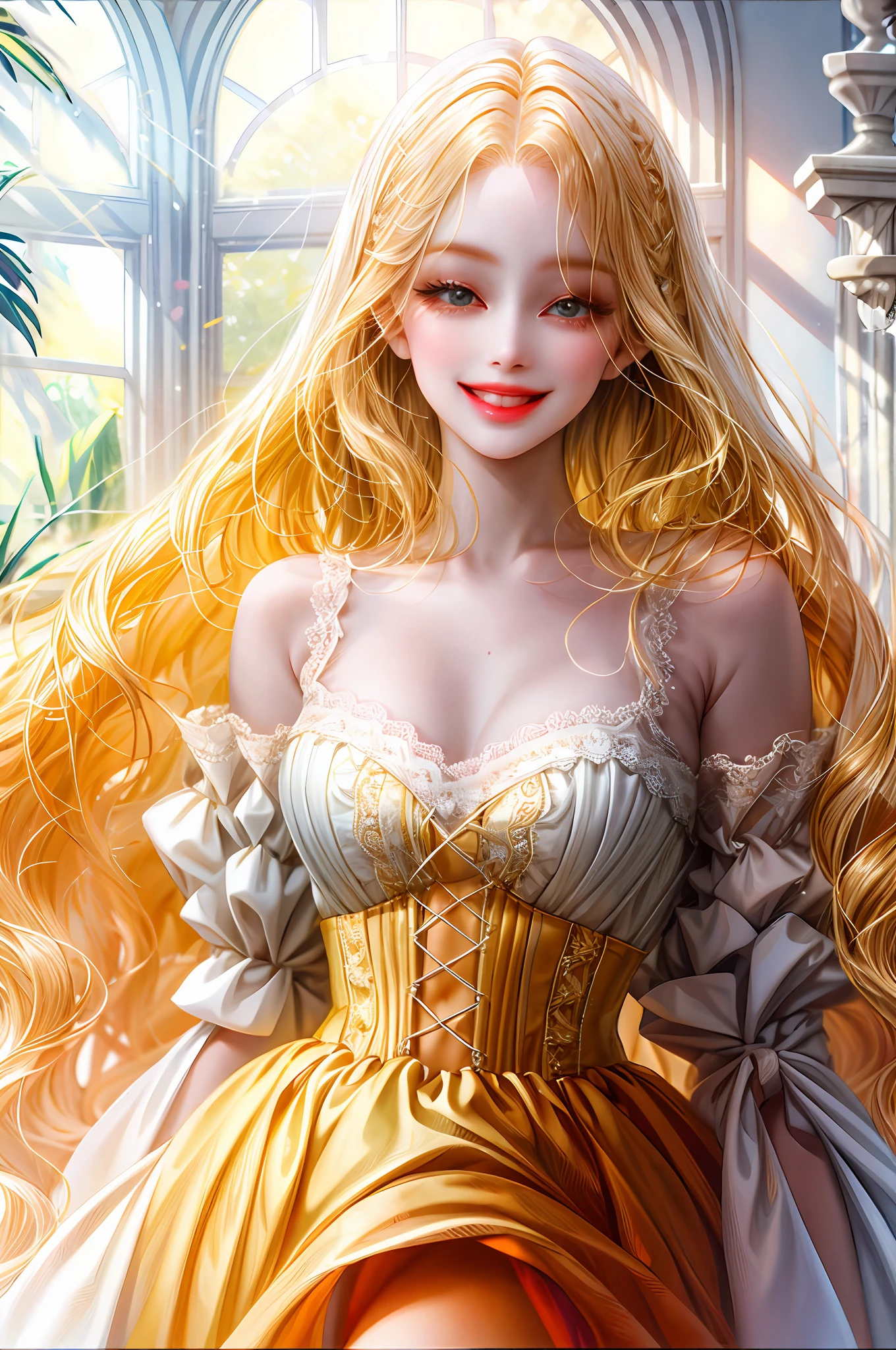 Straight yellow hair doll in love seductive, flirtatious and bold smiling lovingly