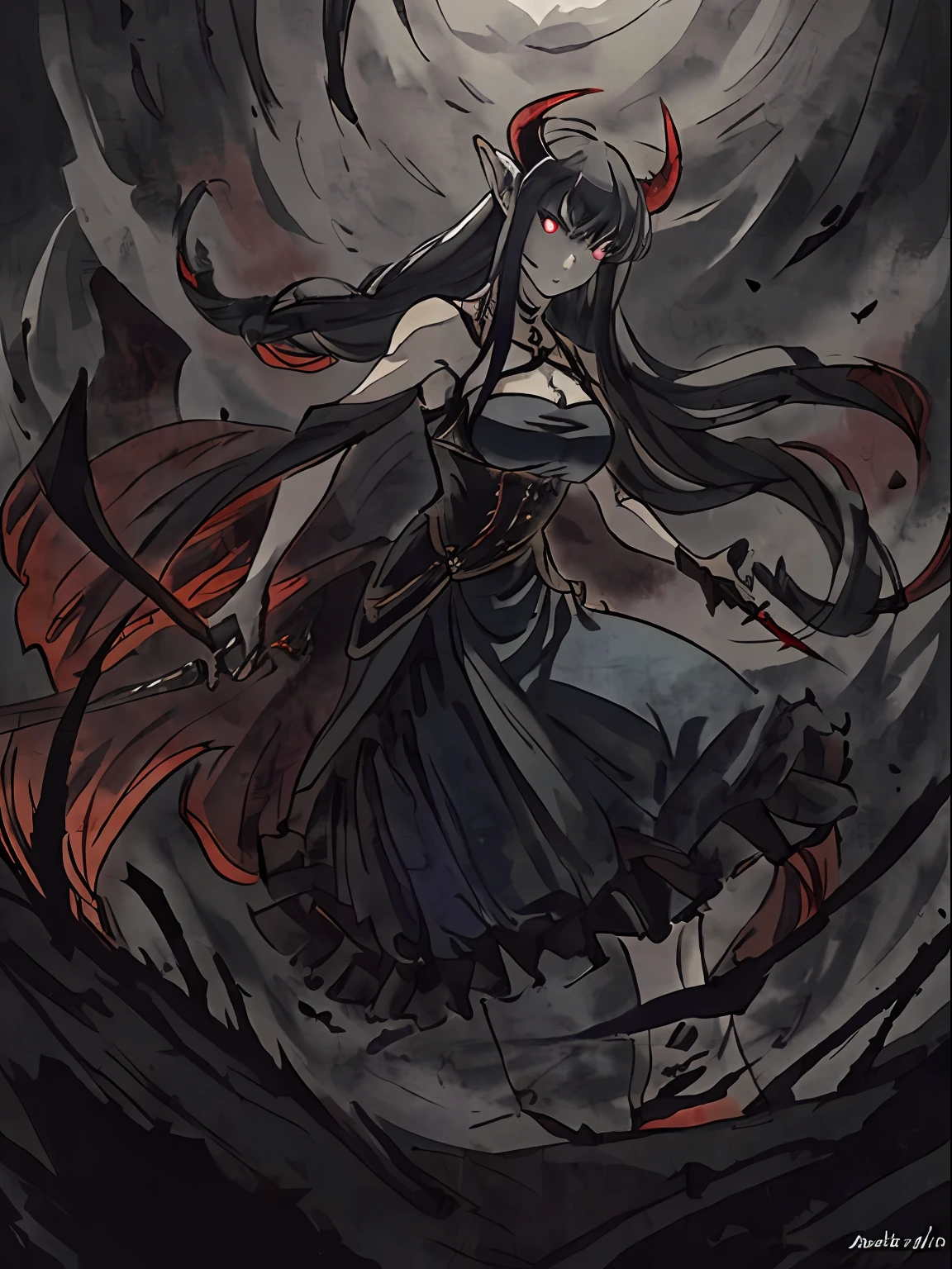 (masterpiece, best quality, ultra-detailed, best shadow), (highly detailed background, dark horror fantasy), (ultra beautiful detailed face), beautiful yet scary , dark sinister aura, evil sinister grin, puppet strings, horns, ancient mural, (highly detailed background, haunted forest), extremely sensual, perfect anatomy, high contrast, (best illumination, an extremely delicate and beautiful), ((cinematic light)), hyper detail, dramatic light, intricate details, (1 girl, solo, ancient, wearing long sleeveless dark damaged shredded gown, black flowing hair, sharp face, blue and red eyes, glowing eyes, hair between eyes, bangs, dynamic angle), (swirling black light around the character), depth of field, black light particles,(broken ice),magic circle, demon girl, ,elf ears, big boobs, deep cleavage, (dynamic pose), full body, seductive gaze,