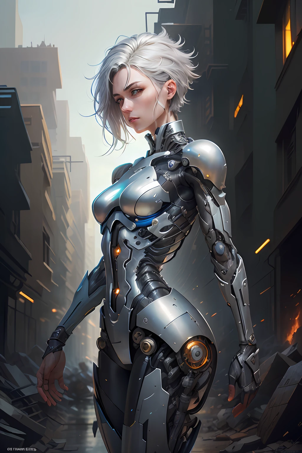 (mechanical parts: 1.5), fighting, bright eyes, short silver hair, tight torn supersuit, in a night shattered city, smoke and fire, aura of brilliant power, dynamic pose, dynamic vision