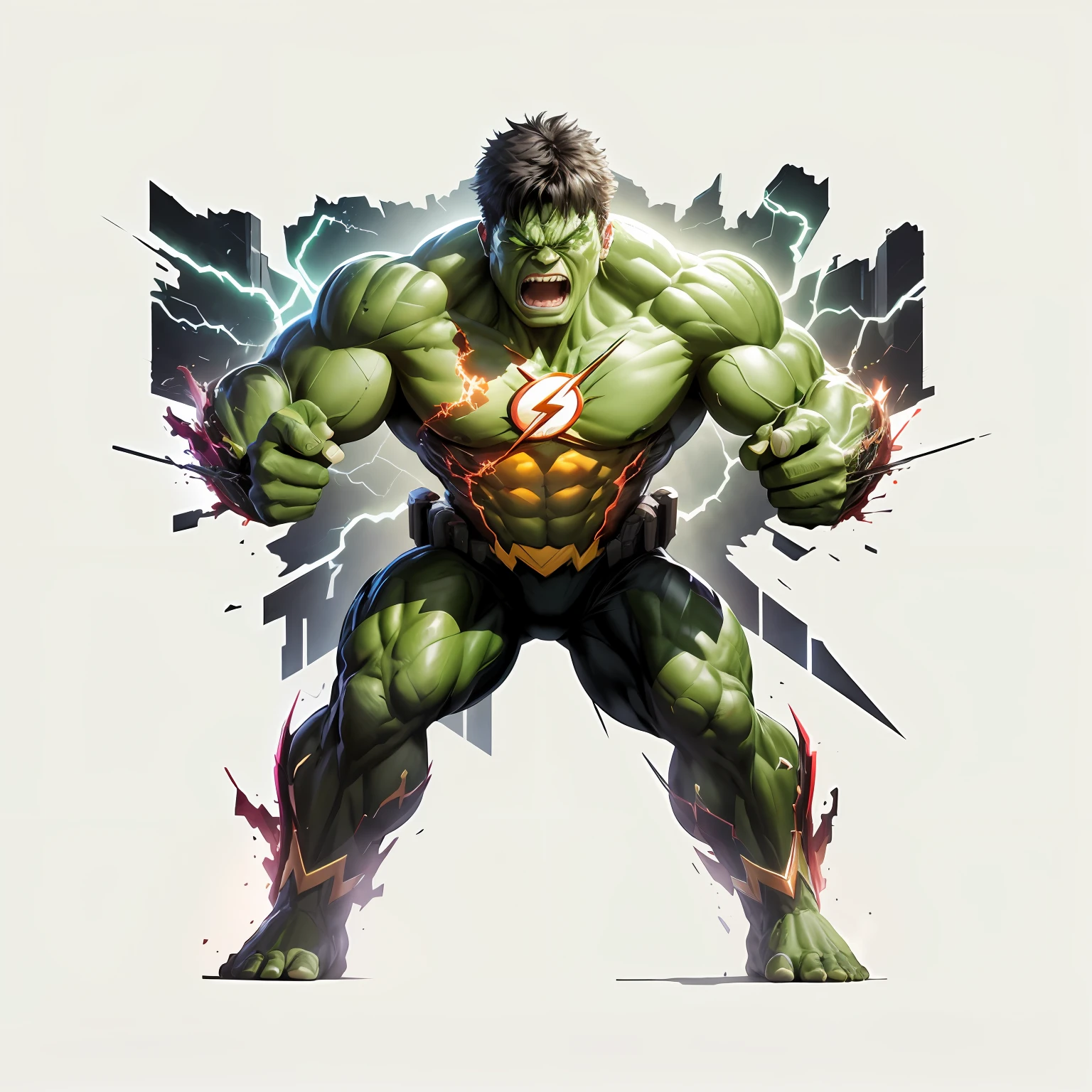 8k, realistic, charismatic, very detailed, Hulk, The Flash, Symbiote, Superhero Theme, Full Body, ray-traced images of Arthur Pan, trends on Artstation, digital art, red and cinematic lighting, dramatic shadows and beautiful vivid colors capture scenes. Romantic art style, lightning bolt sign, unusually strong muscles