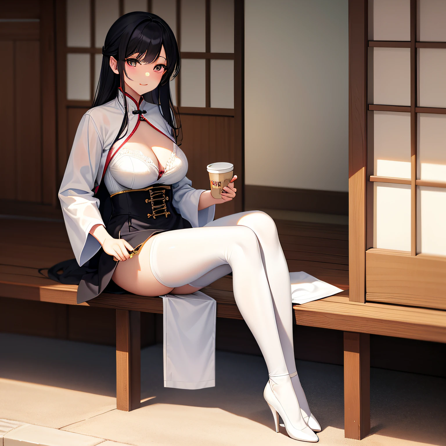 Full body, woman sitting on bench, Korean girl, touch her clothes, revealing clothes, light milky porcelain skin, gorgeous Chinese model, open V corset, sexy girl, smooth translucent white skin, open shirt, pale snow-white skin, Asian girl, Japanese model, smooth white tights suit, wearing shirt, Japanese goddess, smile, holding a cup of milk tea in left hand with a straw,