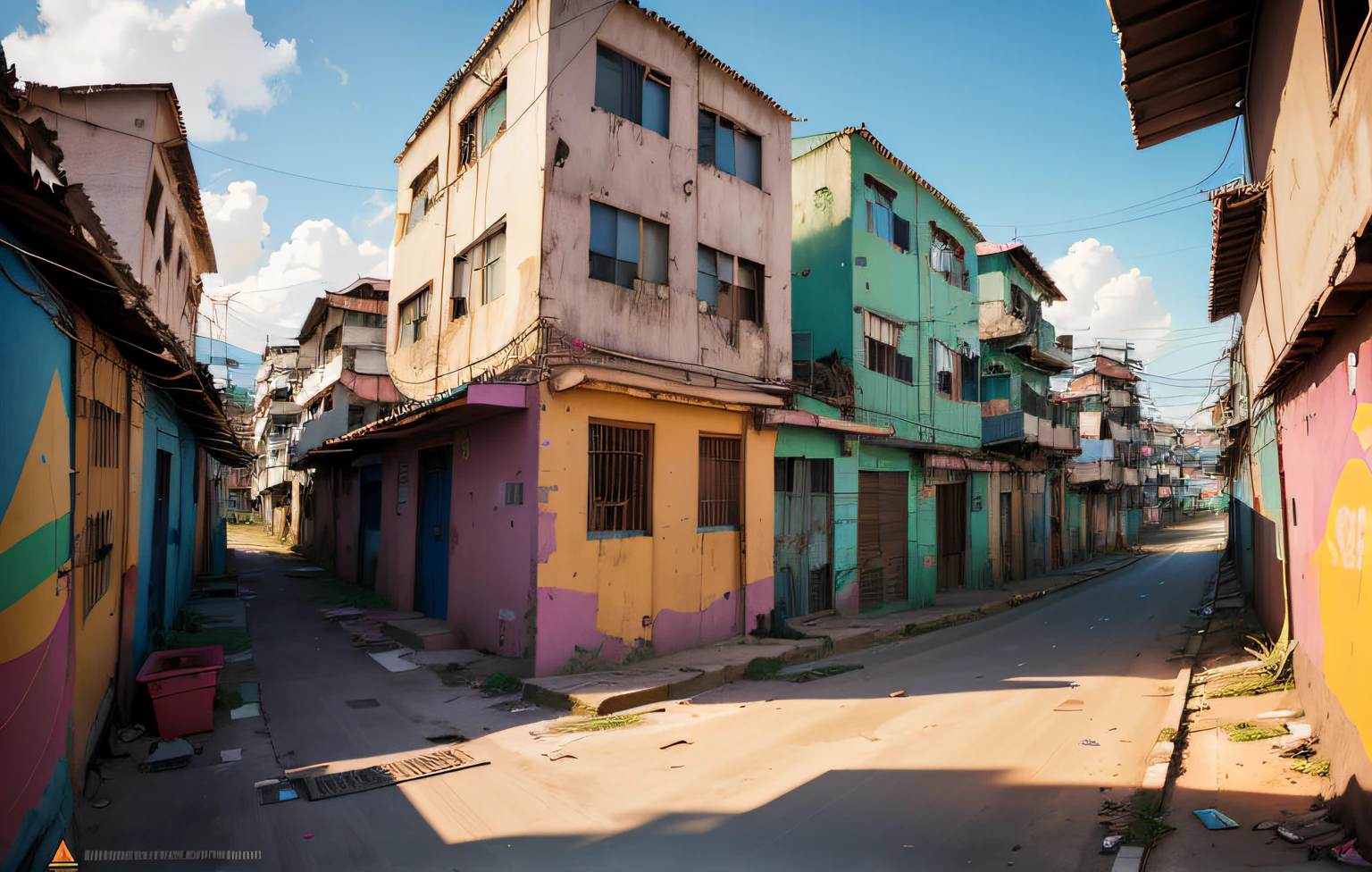 brightly colored buildings line a street in a small town, dilapidated houses, location ( favela ), rundown buildings, sao paulo, abandoned streets, poor buildings, by Felipe Seade, location ( favela _ wall ), old buildings, streets of salvador, brightly colored buildings, colorful buildings, an abandoned old, by Richard Carline, empty buildings with vegetation