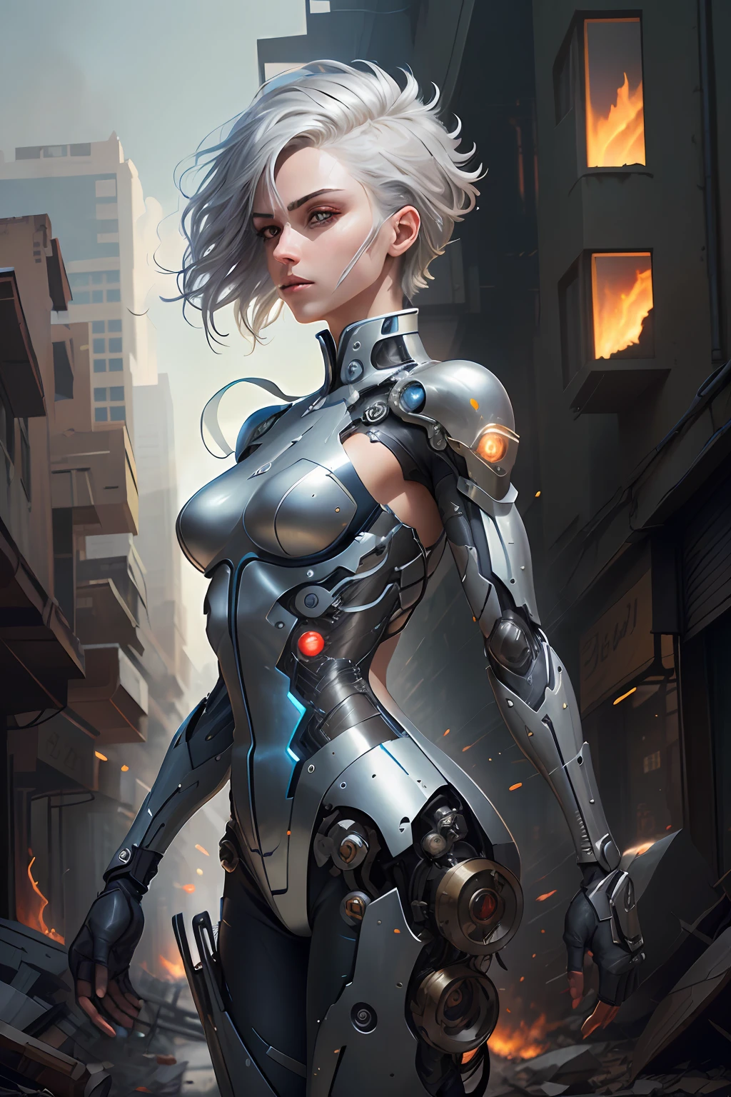 (mechanical parts: 1.5), fighting, bright eyes, short silver hair, tight supersuit torn, in a (night destroyed city), smoke and fire, aura of brilliant power, dynamic pose, dynamic vision