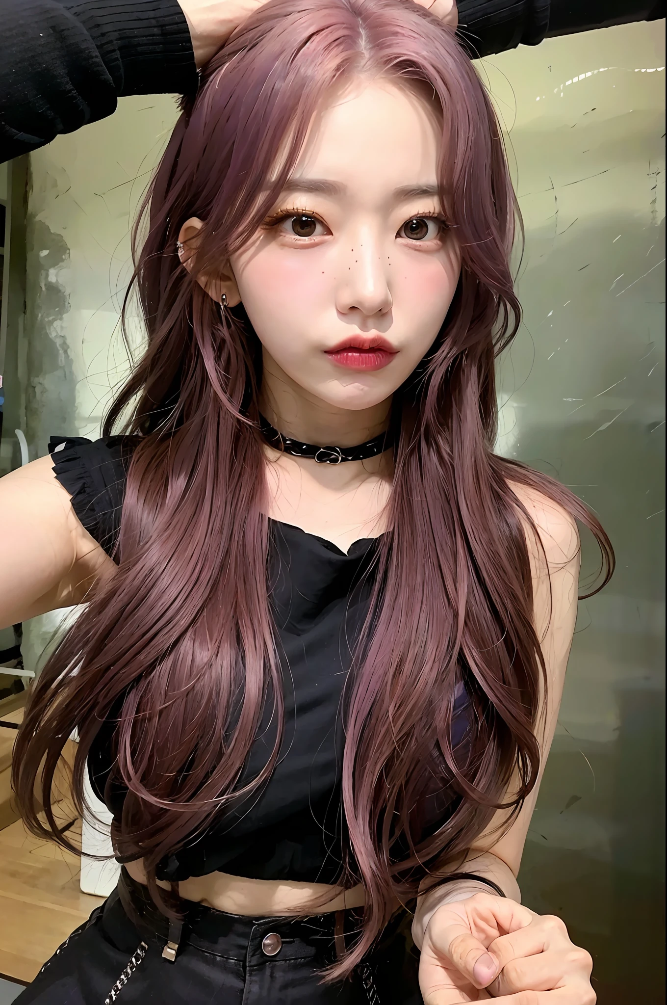 Realism, photo of a woman, long pink purple hair, wavy long hair, 1 girl, black skirt, Qi bangs