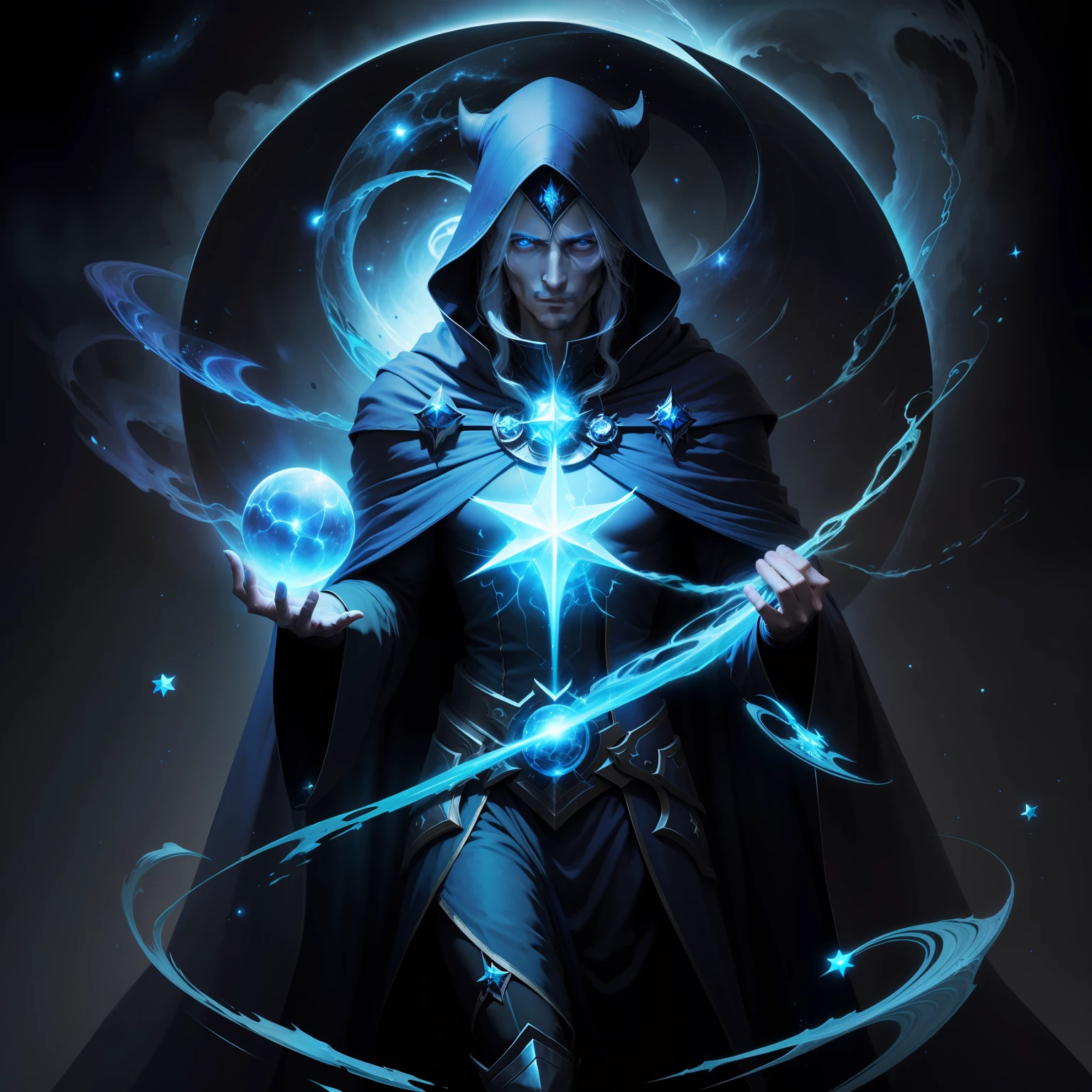 High quality mage, 8k, of a man with a blue robe holding a star, and a black hole, dark space environment with stars in the background, Karthus from League of Legends, beautiful celestial mage, Archmage, dressed in ethereal armor, astral ethereal