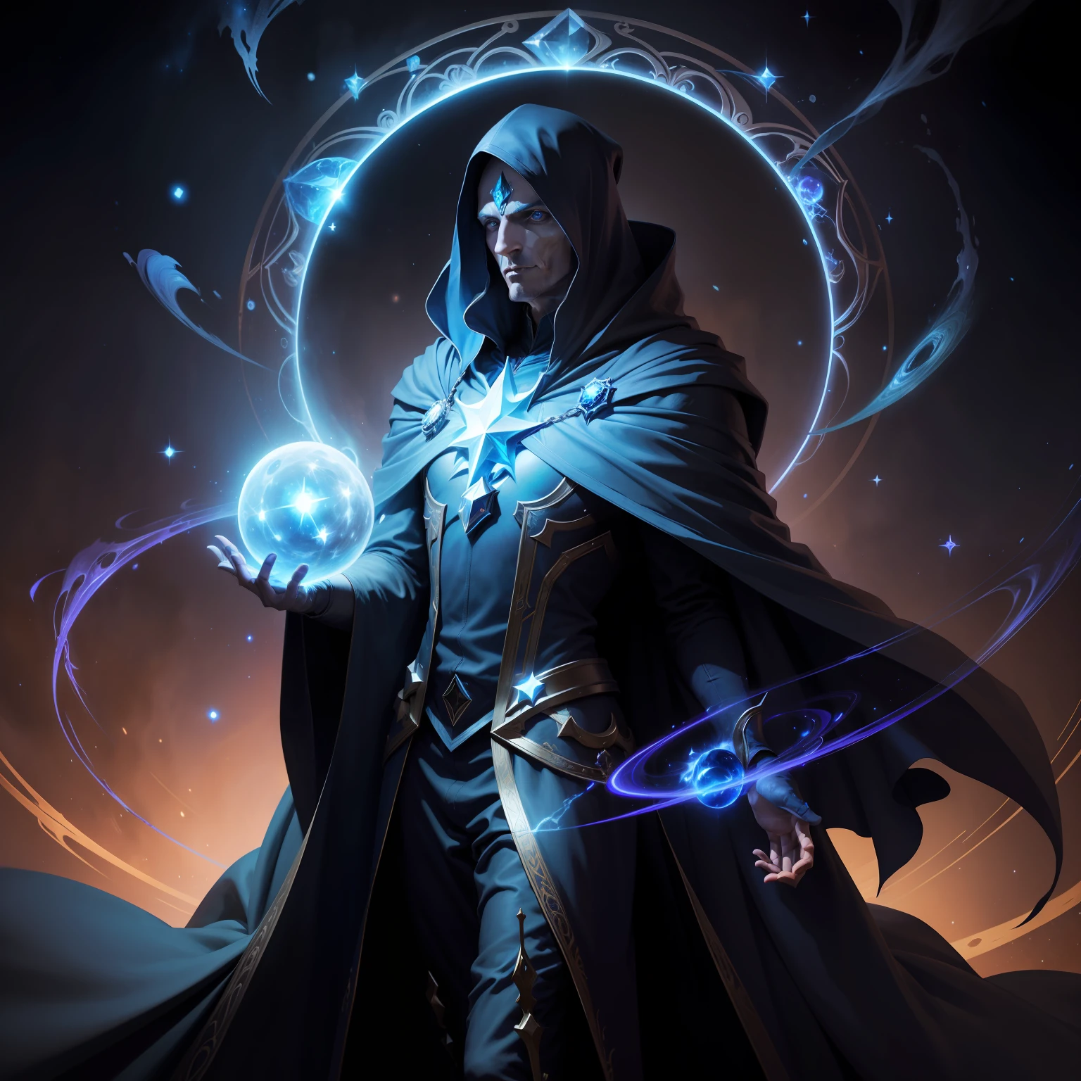 High quality mage, 8k, of a man with a blue robe holding a star, and a black hole, dark space environment with stars in the background, Karthus from League of Legends, beautiful celestial mage, Archmage, dressed in ethereal armor, astral ethereal