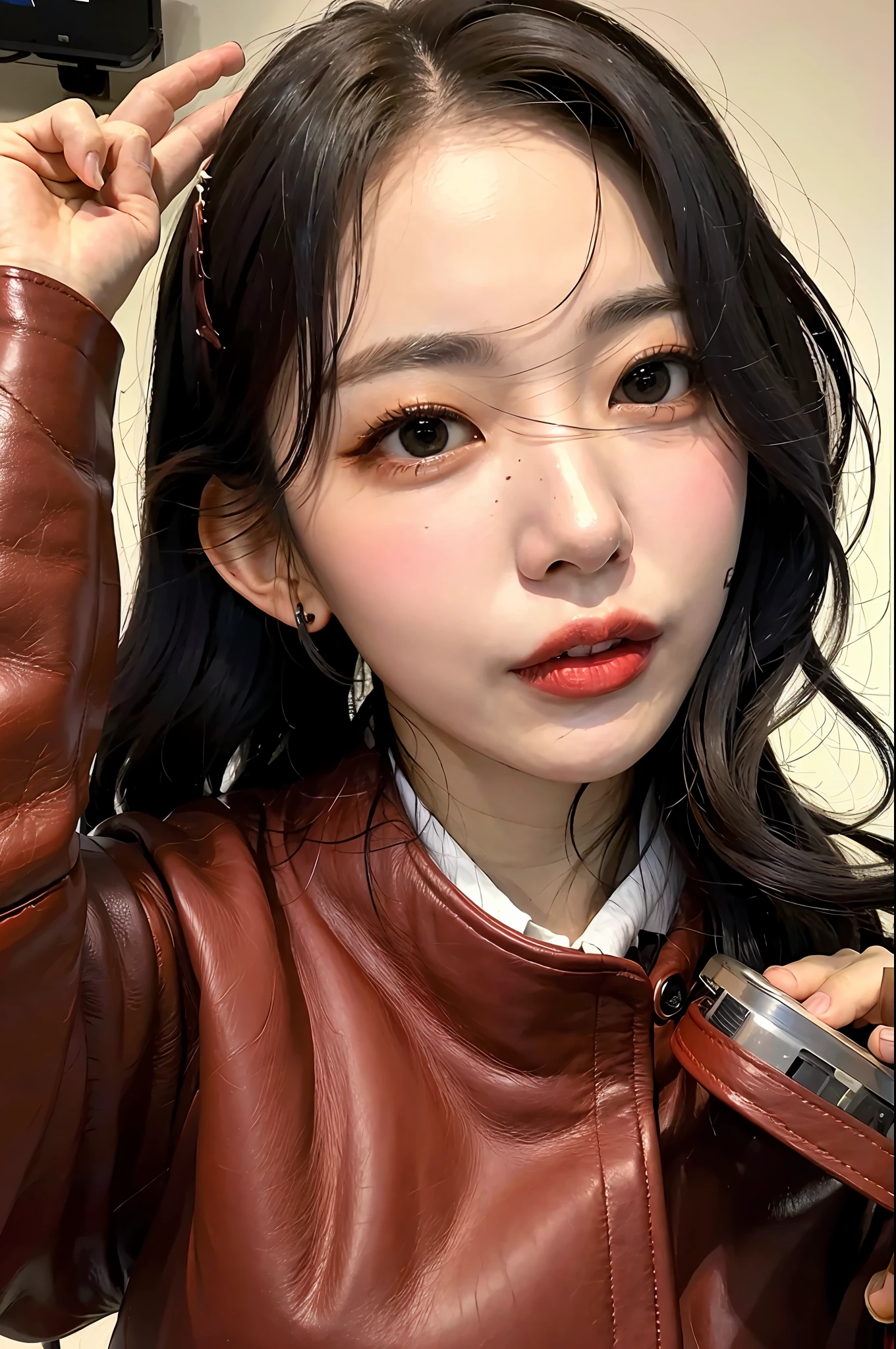 Realism, photo of a woman, upper body, black hair curls, red leather coat