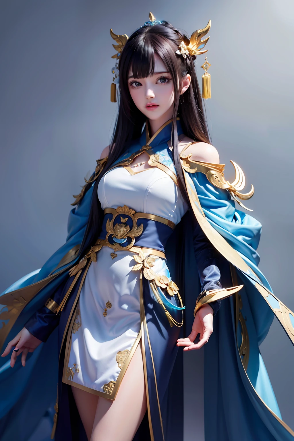 best quality. masterpiece. hihres. 1girl.china dress.Beautiful face.futobot, cyborg, ((masterpiece)),(best quality),(ultra-detailed), solo, hood up,mask, black gloves, cloak, long sleeves,hanfu,chinese deity,machinery,mechanical arms, mechanical parts, mechanical legs, glowing, bioluminescence, cyberpunk, mecha,.