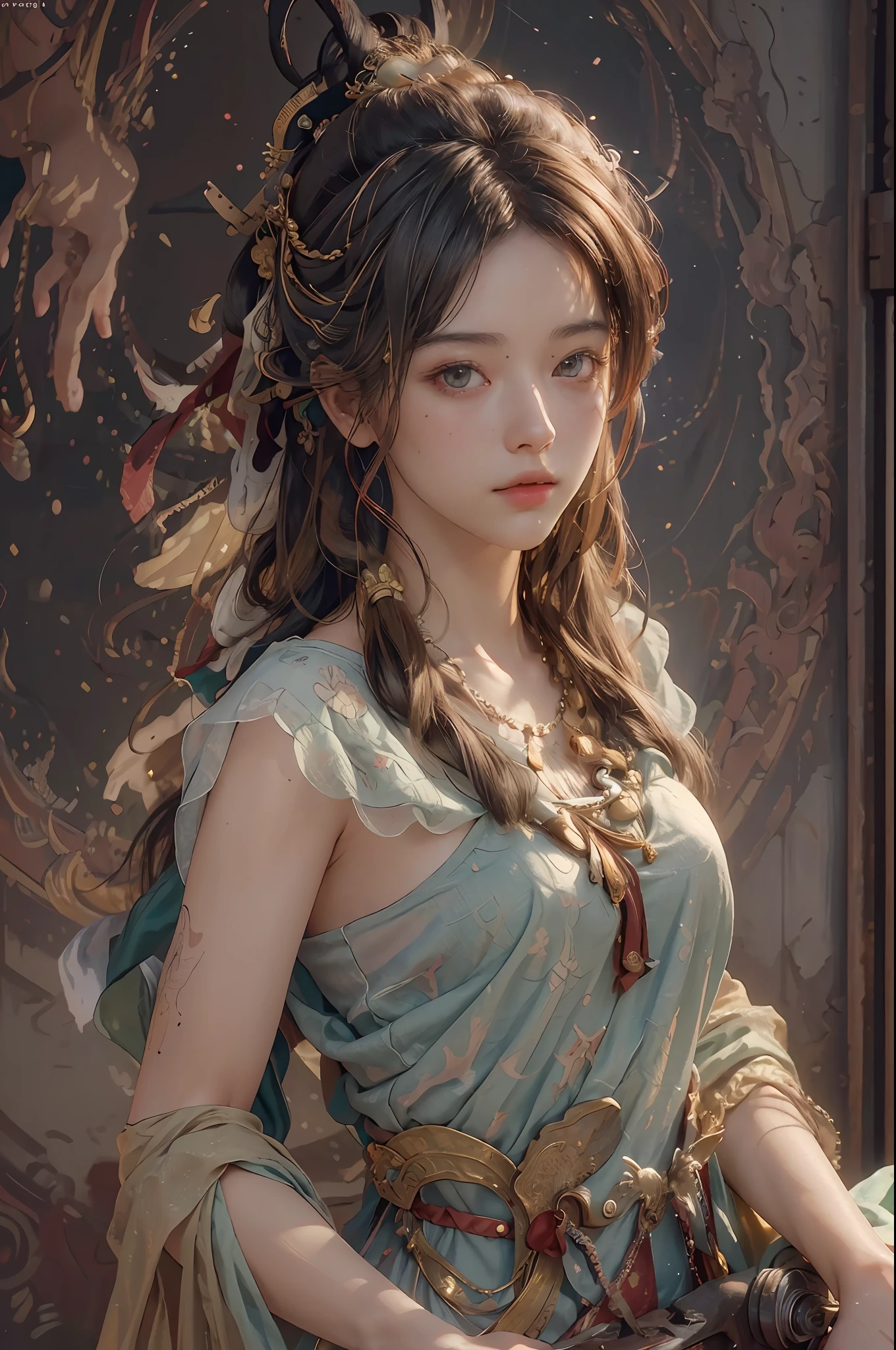 (RAW photo, best quality), (realistic, photo-realistic:1.3),best quality,highly detailed,masterpiece,ultra-detailed,illustration,1girl,upper_body,dynamic angle,world masterpiece theater,messy_long_hair,best quality,extremely detailed CG unity 8k wallpaper,ink,Amazing,cinematic lighting,lens_flare, dunhuang_style