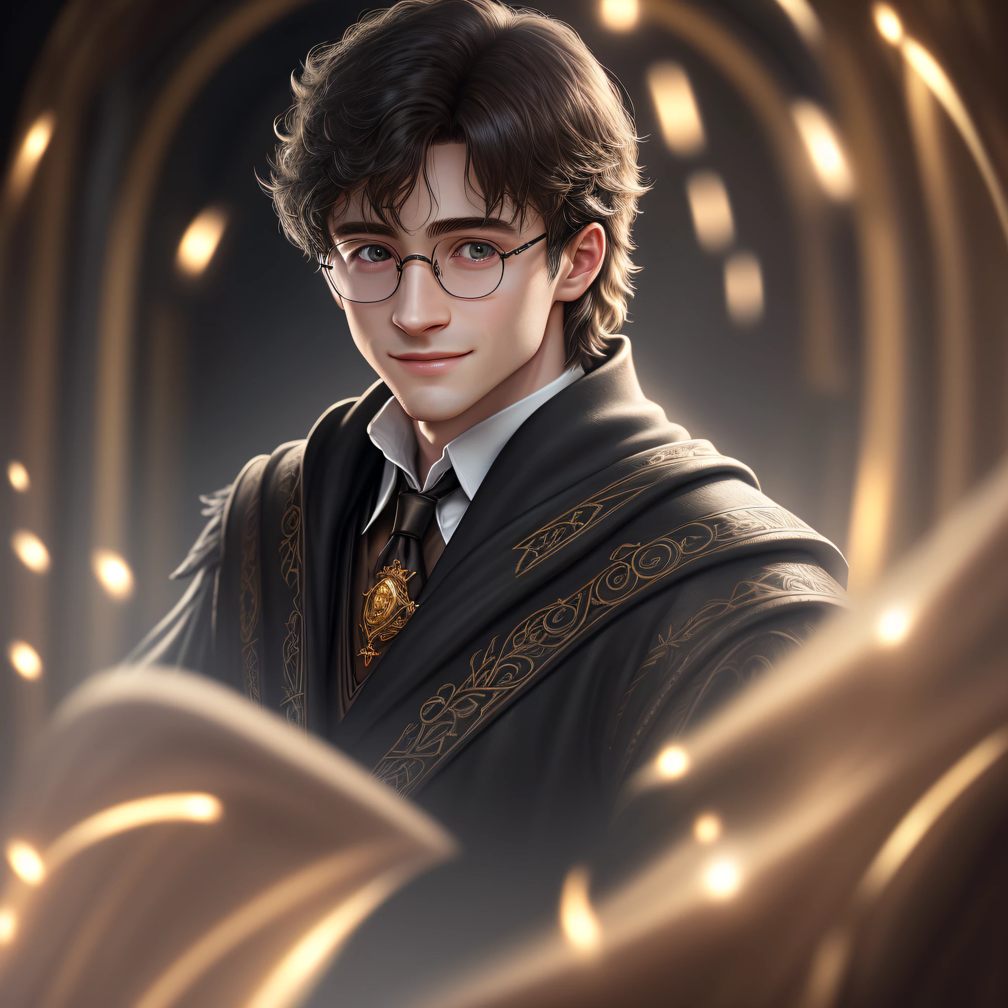Harry Potter, (elegant, handsome face), (cheeky smile: 0.8), pale skin, (intricately detailed, fine details, hyperdetailed), ray tracing, subsurface scattering, diffused soft lighting, atmospheric lighting, flashes of light and sparks, curls, divine rays, super detail, super detailed, detailed leather, natural skin texture, shallow depth of field, HDR, 8k, cinematic, hyperrealistic, ultra-detailed eyes, hyperrealism, soft light, film, studio lighting, detailed skin, ultra-realistic, bokeh, sharp facial features, best quality, ultra-high resolution, detailed face, realistic face, raw photo