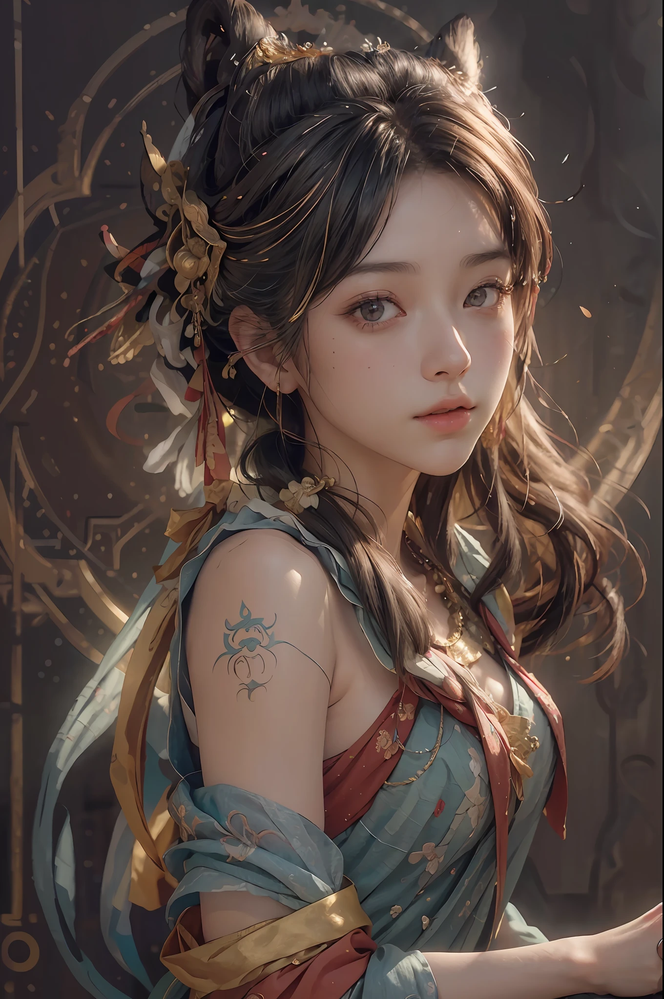 (RAW photo, best quality), (realistic, photo-realistic:1.3),best quality,highly detailed,masterpiece,ultra-detailed,illustration,1girl,upper_body,dynamic angle,world masterpiece theater,messy_long_hair,best quality,extremely detailed CG unity 8k wallpaper,ink,Amazing,cinematic lighting,lens_flare, dunhuang_style
