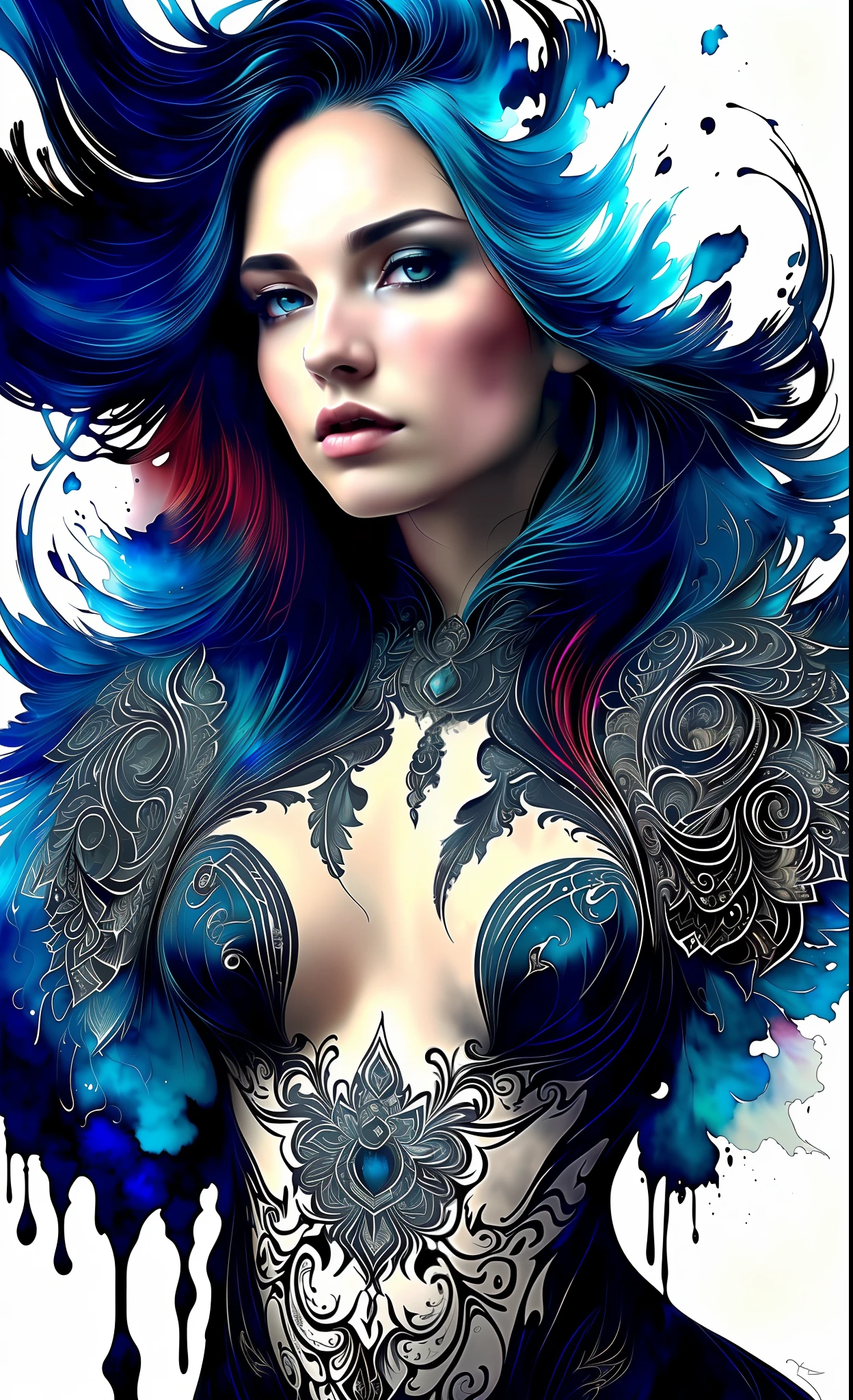 Colorful beautiful woman: Black ink flow: 8k resolution photorealistic masterpiece: by Aaron Horkey and Jeremy Mann: intricately detailed fluid gouache painting: by Jean Baptiste Mongue: calligraphy: acrylic: watercolor art, professional photography, natural lighting, volumetric lighting maximalist photoillustration: by marton bobzert: 8k resolution concept art intricately detailed, complex, elegant, expansive, fantastical