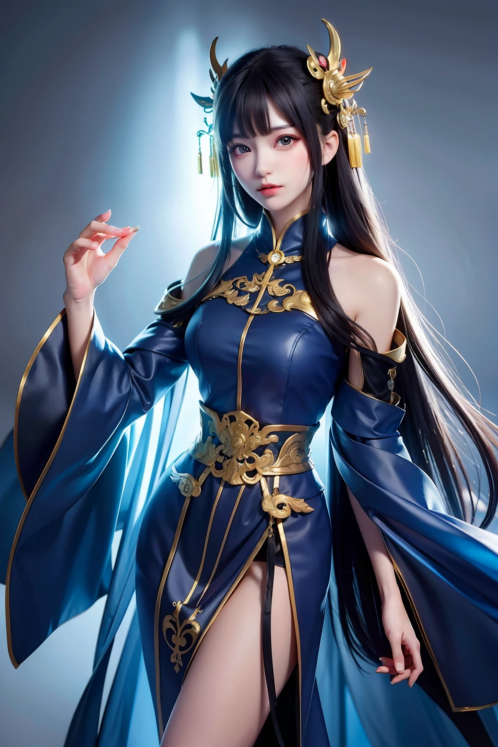 best quality. masterpiece. hihres. 1girl.china dress.Beautiful face.futobot, cyborg, ((masterpiece)),(best quality),(ultra-detailed), solo, hood up,mask, black gloves, cloak, long sleeves,hanfu,chinese deity,machinery,mechanical arms, mechanical parts, mechanical legs, glowing,   bioluminescence, cyberpunk, mecha,.