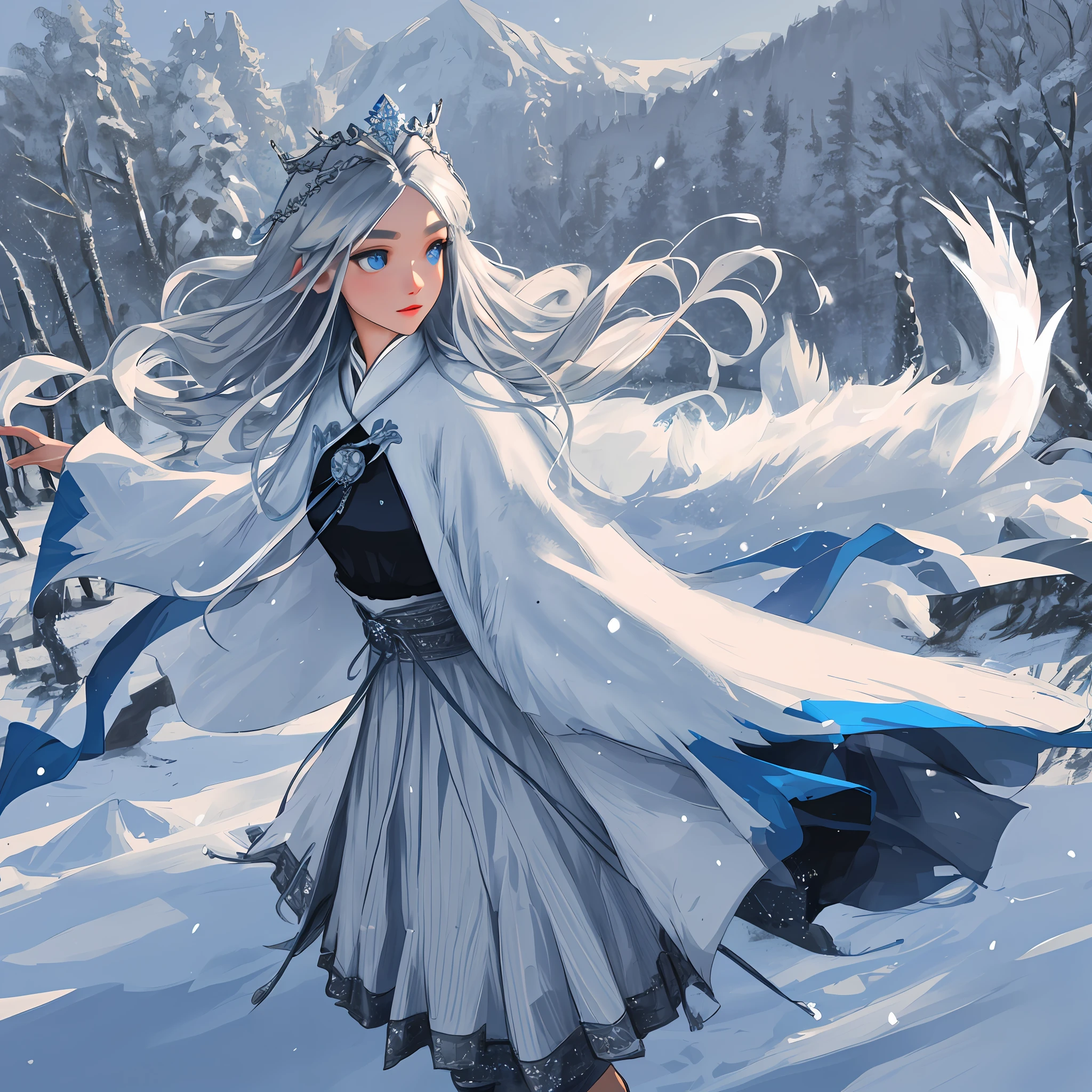 Best texture, high quality, ultra HD, 8K, snow, flying snowflakes, dancing in the snow, girls, full of Miao silver jewelry, Miao clothing, silver phoenix crown, melon seed face, ultra-detailed face, blue eyes, long eyebrows, fair skin, silver long hair, flowing long hair, rising with the wind, snowflake colorful gifts, realistic, very detailed, high detail, ultra-clear,
