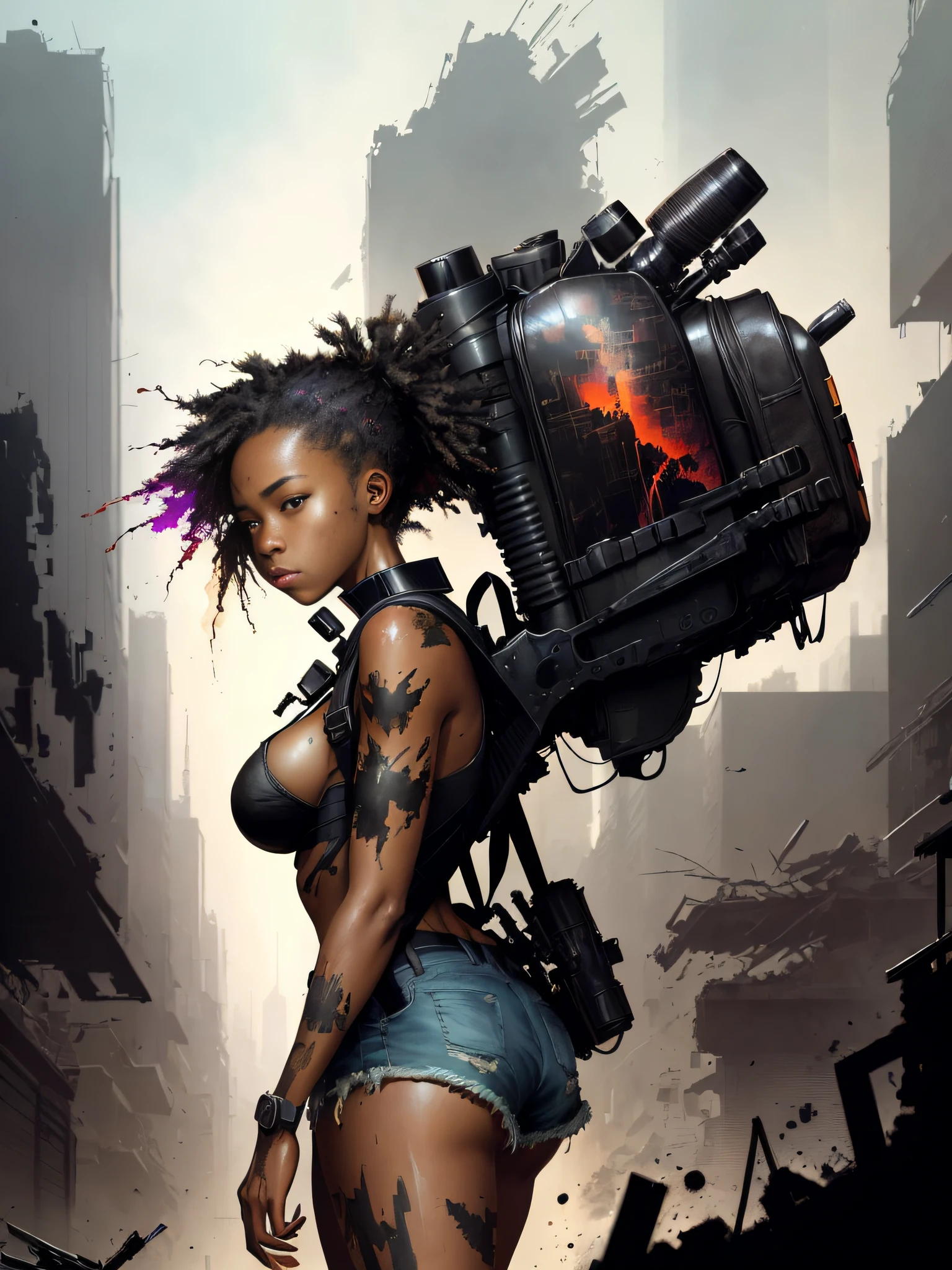 movie scene, a masterpiece (((an apocalyptic black girl with backpack on her back))), slender body with large breasts, breasts down, firm breasts, short torn shorts, (walking in a destroyed city behind), full body, Kim Jung gi, freedom, soul, digital illustration, sci-fi, perfect anatomy whole body, centered, approaching perfection, dynamic, highly detailed, watercolor painting,  art station, concept art, smooth, sharp focus, illustration, art by Carne Griffiths and Wadim Kashin, unique, award-winning, masterpiece