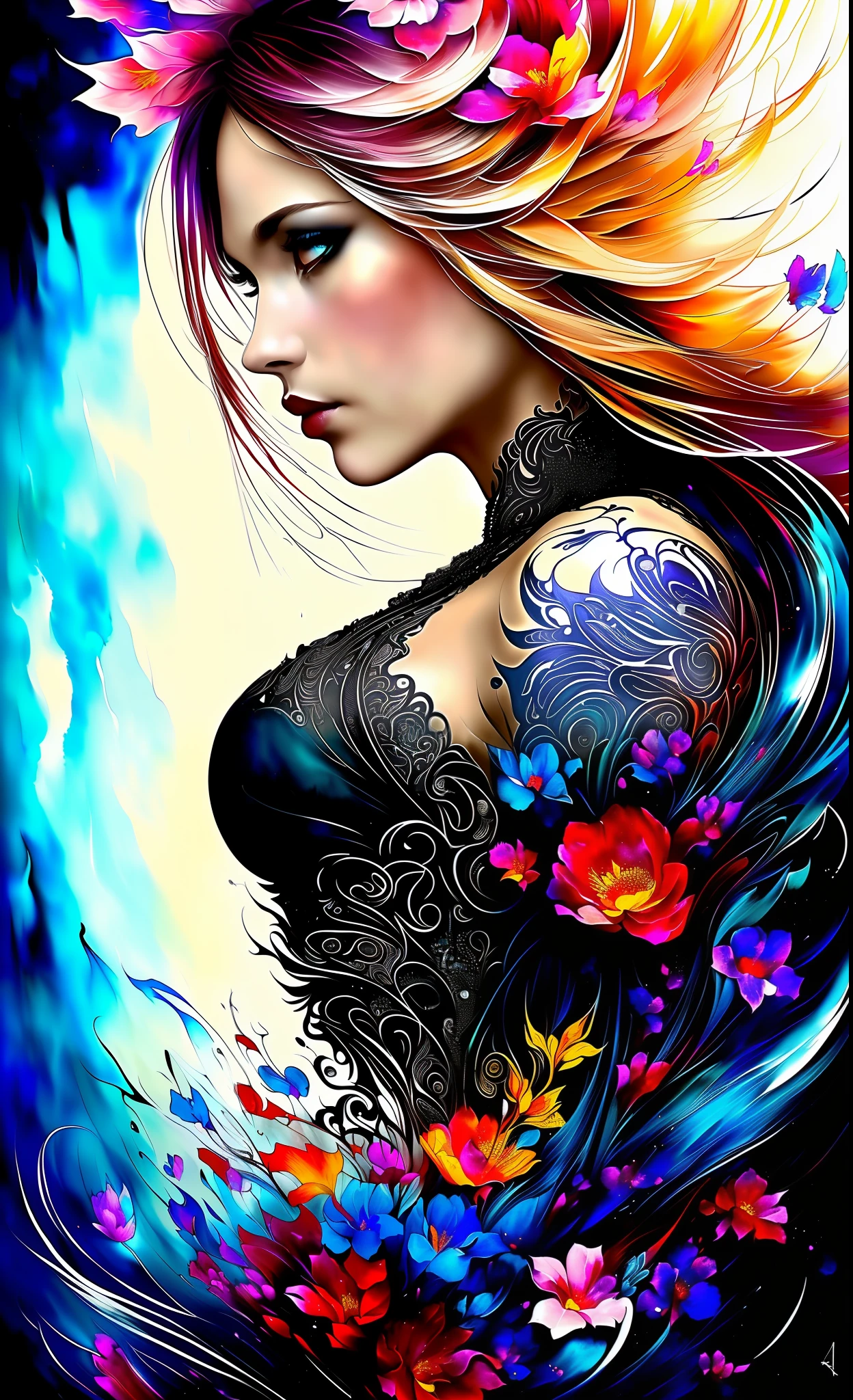 Colorful beautiful woman: Black ink flow: 8k resolution photorealistic masterpiece: by Aaron Horkey and Jeremy Mann: intricately detailed fluid gouache painting: by Jean Baptiste Mongue: calligraphy: acrylic: watercolor art, professional photography, natural lighting, volumetric lighting maximalist photoillustration: by marton bobzert: 8k resolution concept art intricately detailed, complex, elegant, expansive, fantastical