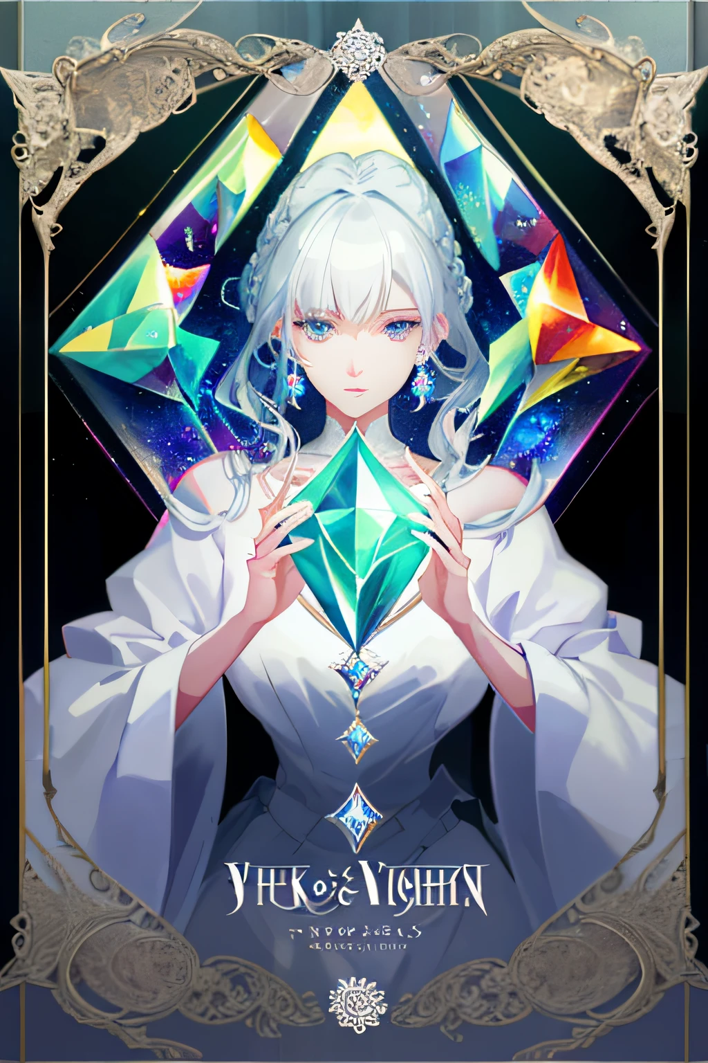 a picture of a woman with white hair holding a diamond, high detailed + tarot card, high detailed official artwork, highly detailed exquisite fanart, [ tarot card ]!!!!!, portrait knights of zodiac girl, artbook artwork, official fanart, digital art on pixiv, official character illustration, official artwork, crystalline skin, detailed cover artwork