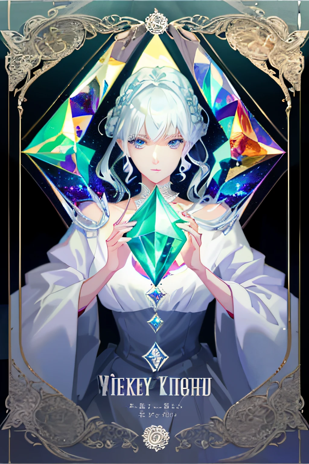 a picture of a woman with white hair holding a diamond, high detailed + tarot card, high detailed official artwork, highly detailed exquisite fanart, [ tarot card ]!!!!!, portrait knights of zodiac girl, artbook artwork, official fanart, digital art on pixiv, official character illustration, official artwork, crystalline skin, detailed cover artwork