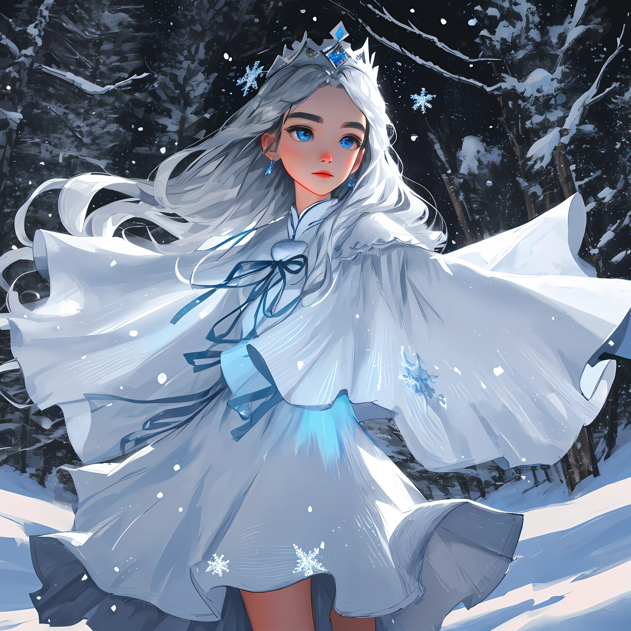 Best texture, high quality, ultra HD, 8K, snow, flying snowflakes, dancing in the snow, girls, full of Miao silver jewelry, Miao clothing, silver phoenix crown, melon seed face, ultra-detailed face, blue eyes, long eyebrows, fair skin, silver long hair, flowing long hair, rising with the wind, snowflake colorful gifts, realistic, very detailed, high detail, ultra-clear,