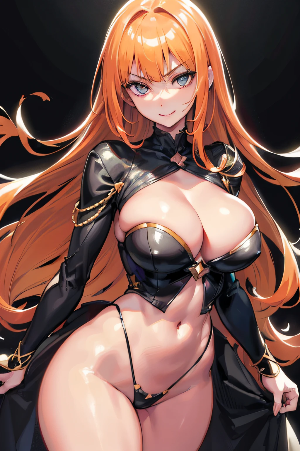 a european girl in black colored suit with golden details orange red hair, perfect anime, proportional body, smiling,nsfw:1.5, masterpiece, best quality, high quality, high definition, high quality texture, high quality shadow, high detail, beautiful detailed, finely detailed, detailed texture, realistic, colorful, delicate, cinematic light, side lighting, ray tracing, sharp focus,  (1girl, __focus__:1.3), (complex details, makeup, PureErosFace_V1:0.5), (gorgeous face,detailed gorgeous and delicate eyes, highly detailed skin, detailed skin, best ratio four fingers and one thumb, large medium breasts, wide hips),