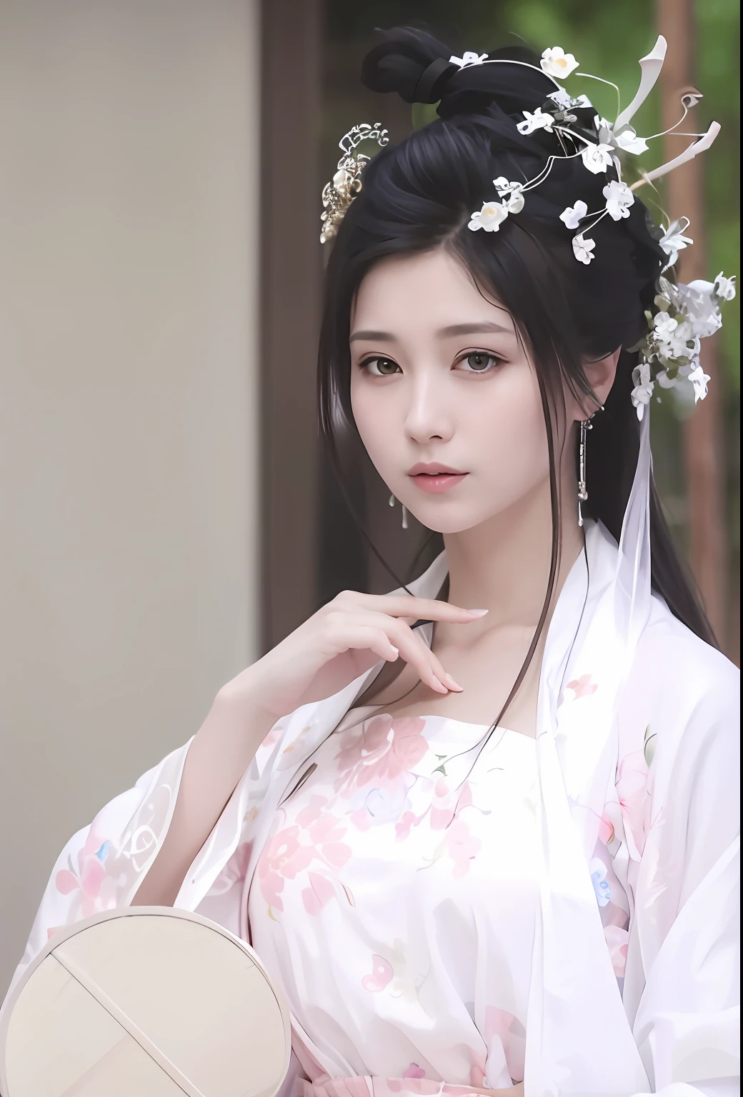 Masterpiece, Superb Quality, High Resolution, Official Art, Very Detailed CG Unity 8k Wallpaper, Ultra Detailed, High Resolution, Very Detailed, Beautiful Detailed Girl, Very Detailed Eyes and Face, Beautiful Detailed Eyes, Blurred Background, 1girl, Perspective, Looking at the Viewer, Full Body, Full Body Photo, Outdoors, Hands Behind Back, (Hanfu), (High Detail Skin: 1.2), Best Quality