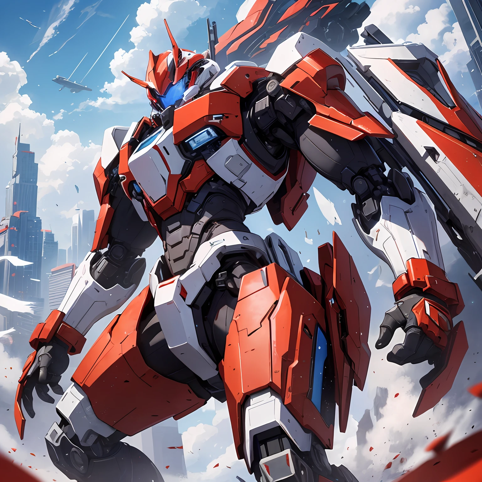 Absurd resolution, high resolution, (masterpiece: 1.4), hyper-detail, a mech, red armor, floating in the sky (1.8) with blue sky and white clouds in the background