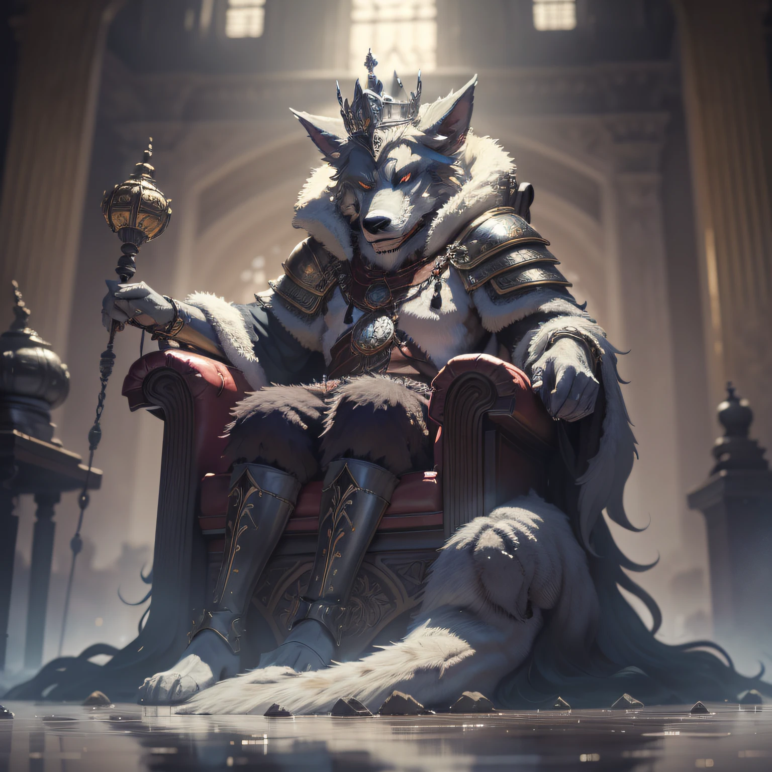 an old Werewolf king sitting on the throne in the heart of The City of Glas, throne is A very humid place full of puddles and leaks, regal, intimidating, ornate armor, regal crown, blurry_background, natural lighting, short twintails hair, looking_at_viewer, solo, highly detailed 8k