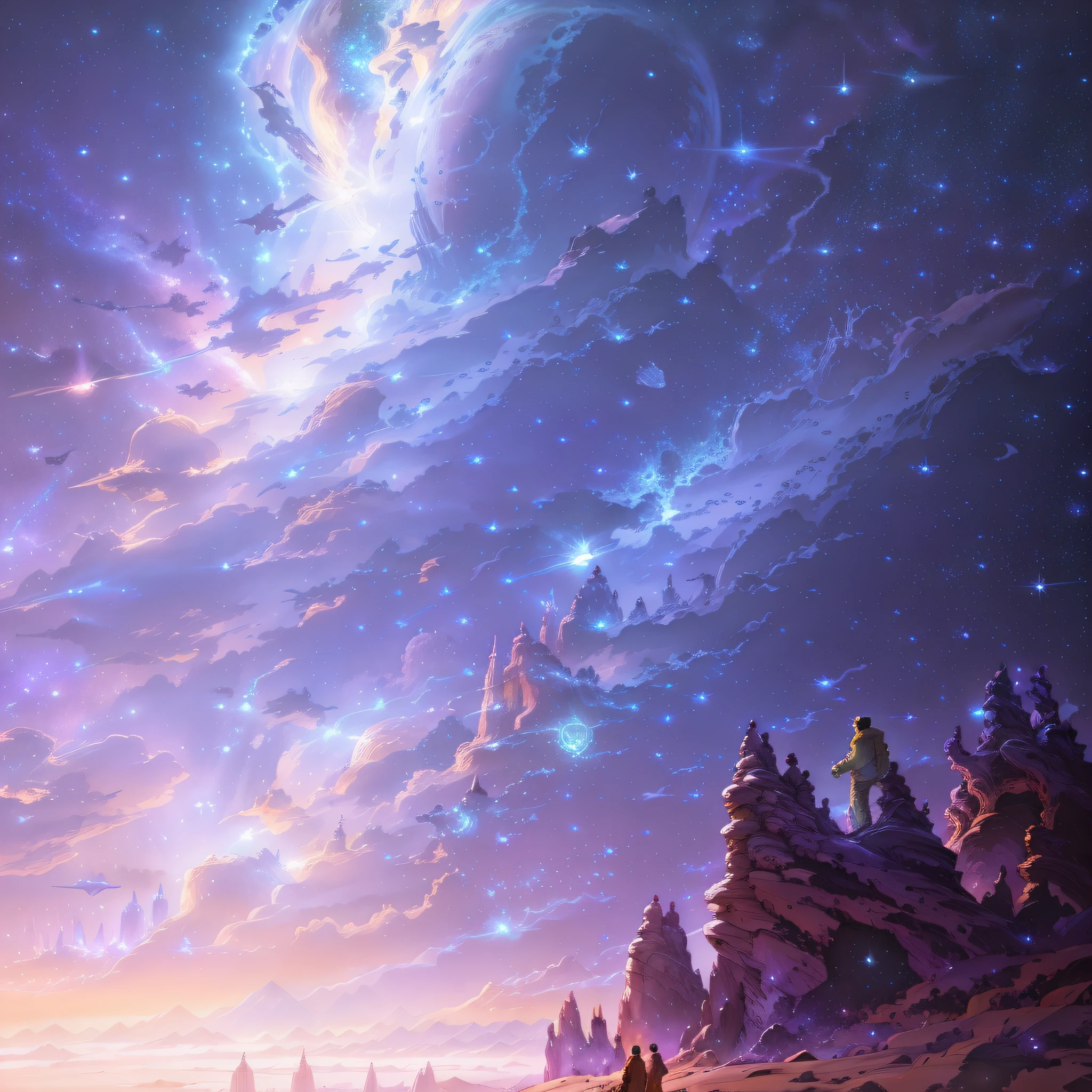 a man standing on a hill looking at a galaxy, beautiful sci fi art, sci-fi fantasy desktop wallpaper, galactic landscape, jessica rossier fantasy art, inspired by jessica rossier, epic fantasy sci fi illustration, sci-fi fantasy wallpaper, jessica rossier color scheme, mystical sci-fi concept art, epic scifi fantasy art, space landscape, sci fi artwork