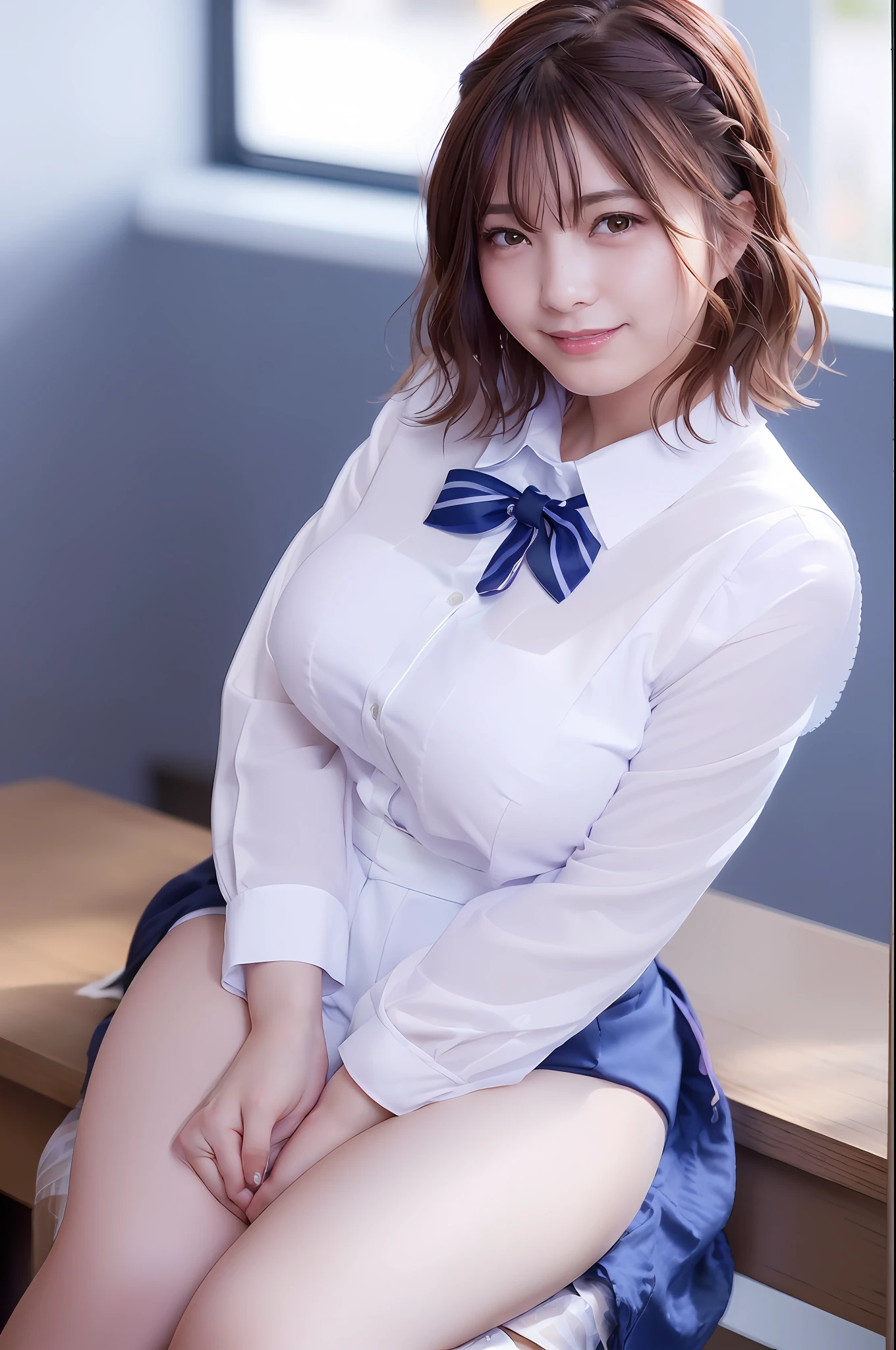 (skin spots: 1.2), (skin dentation), Black eyes, 1 female, 25 years old, ((((Female))), Solo, Real, Best Quality, Photorealistic, Masterpiece, 8K, High Resolution, Solo, Very Detailed Face, (Professional Lighting, Bokeh), (Light Particle, Lens Flare, Luminous Particle: 0.6), (Dynamic Pause: 1.2), Soft Lighting, Top Angle View, fashionable and trendy, Japan, street, urban, Tokyo, Minato, ((daytime)), sky, ((view viewer:1)), (look at camera), (portrait: 0.6), gorgeous, standing, keep the original facial proportions, wide shoulders, full body, (big breasts), (short hair), brown hair, floating hair, lips, lipstick, seductive smile, floating hair, smile, open_mouth, teeth, eyelashes, moles, (moles under the eyes: 1), plump body, plump breasts, tearing breasts, large breasts, thighs, hairstyles, braidings, stockings, stripes, M-shaped legs, thighs, office uniform, office worker